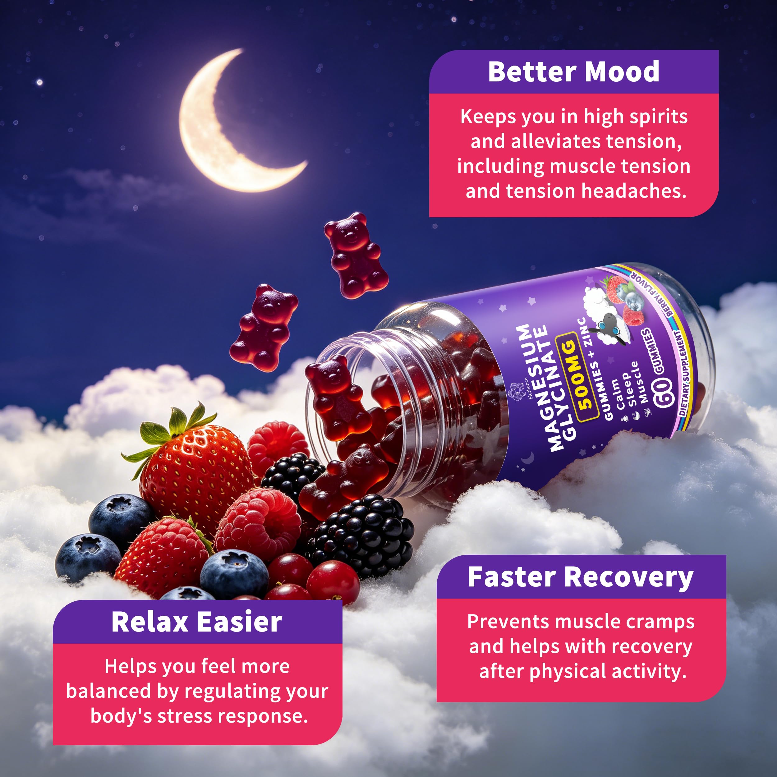 Herbance gominolas en mesa con frutos berry que sugieren sabor agradable