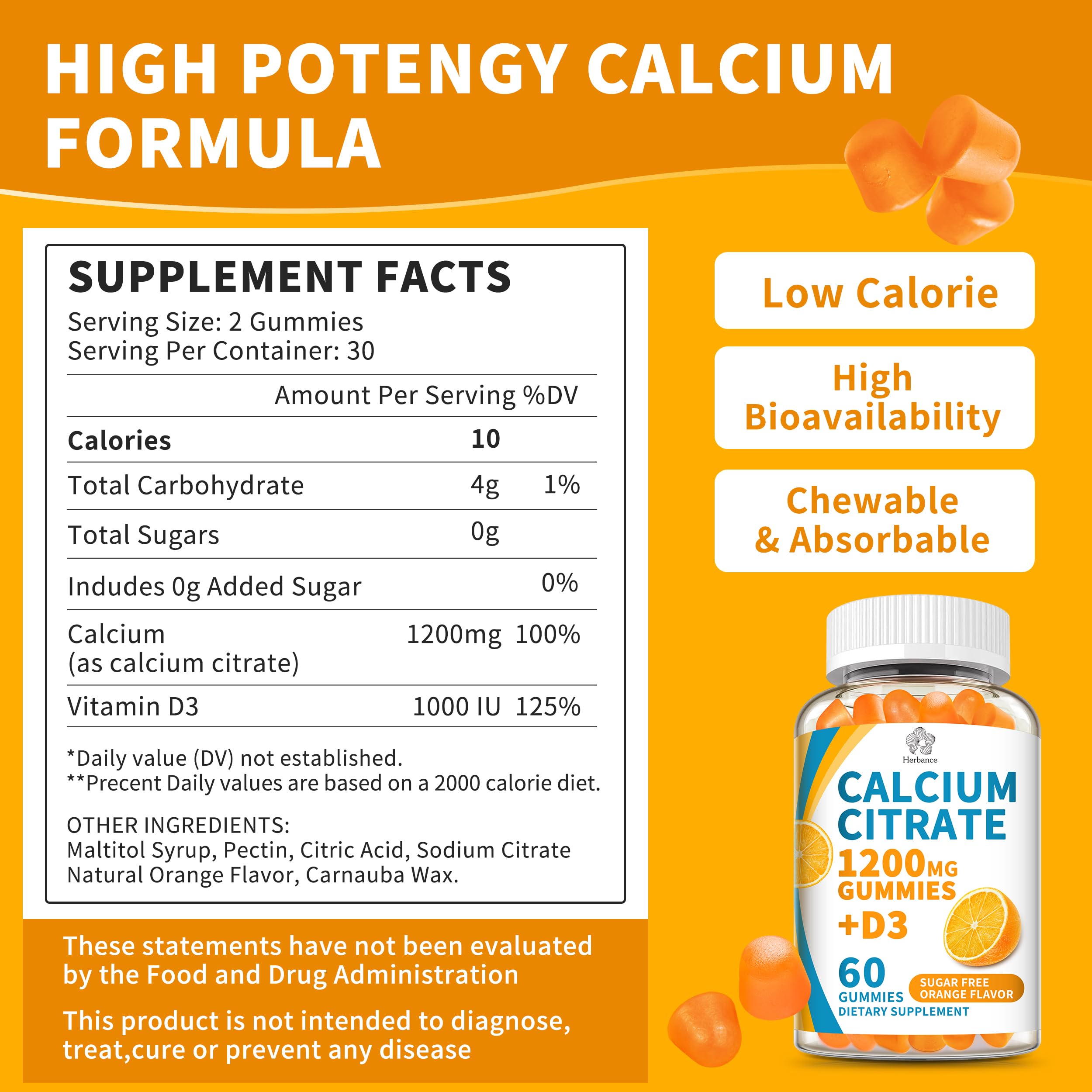 Herbance ingredientes: citrato de calcio y D3 para mejor absorción