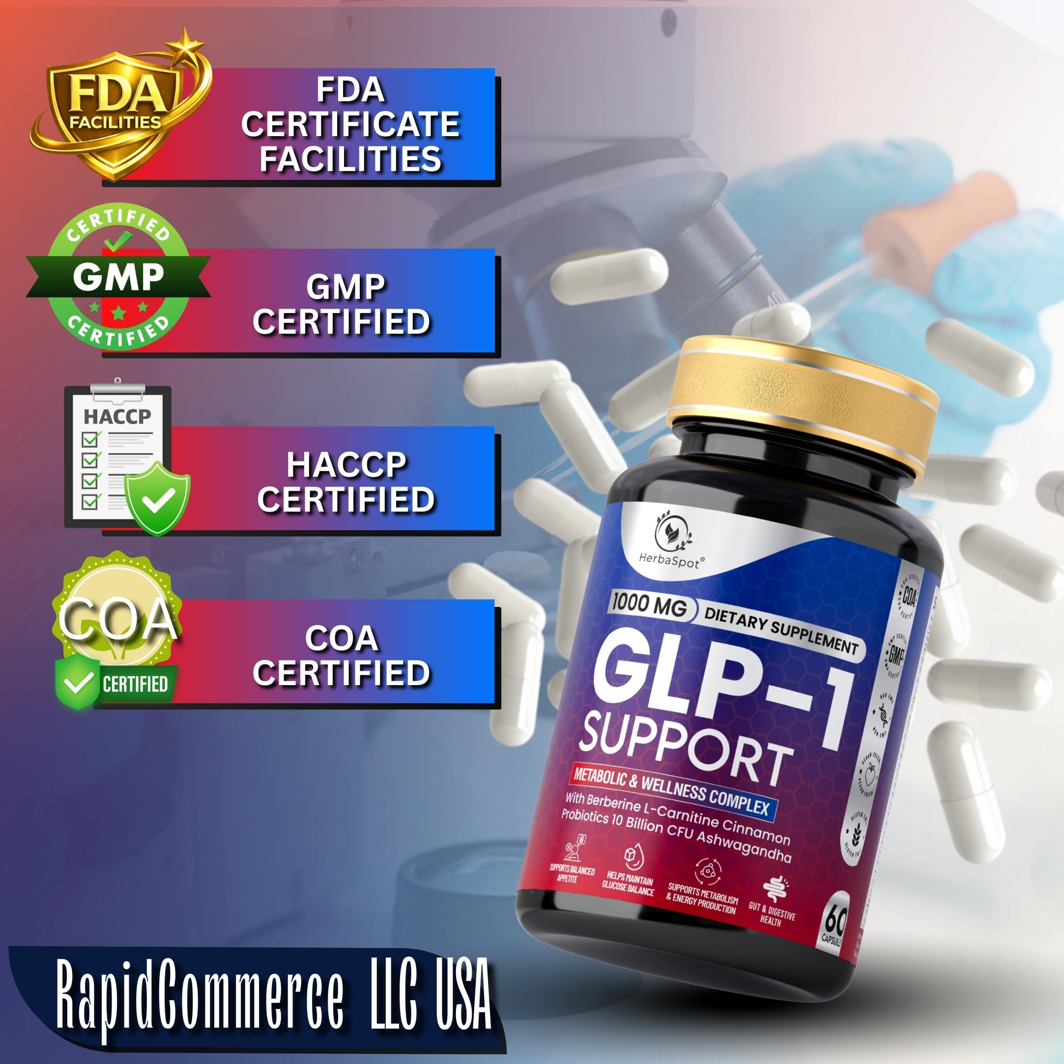 HerbaSpot sello de calidad GMP HACCP COA garantizando fabricación confiable