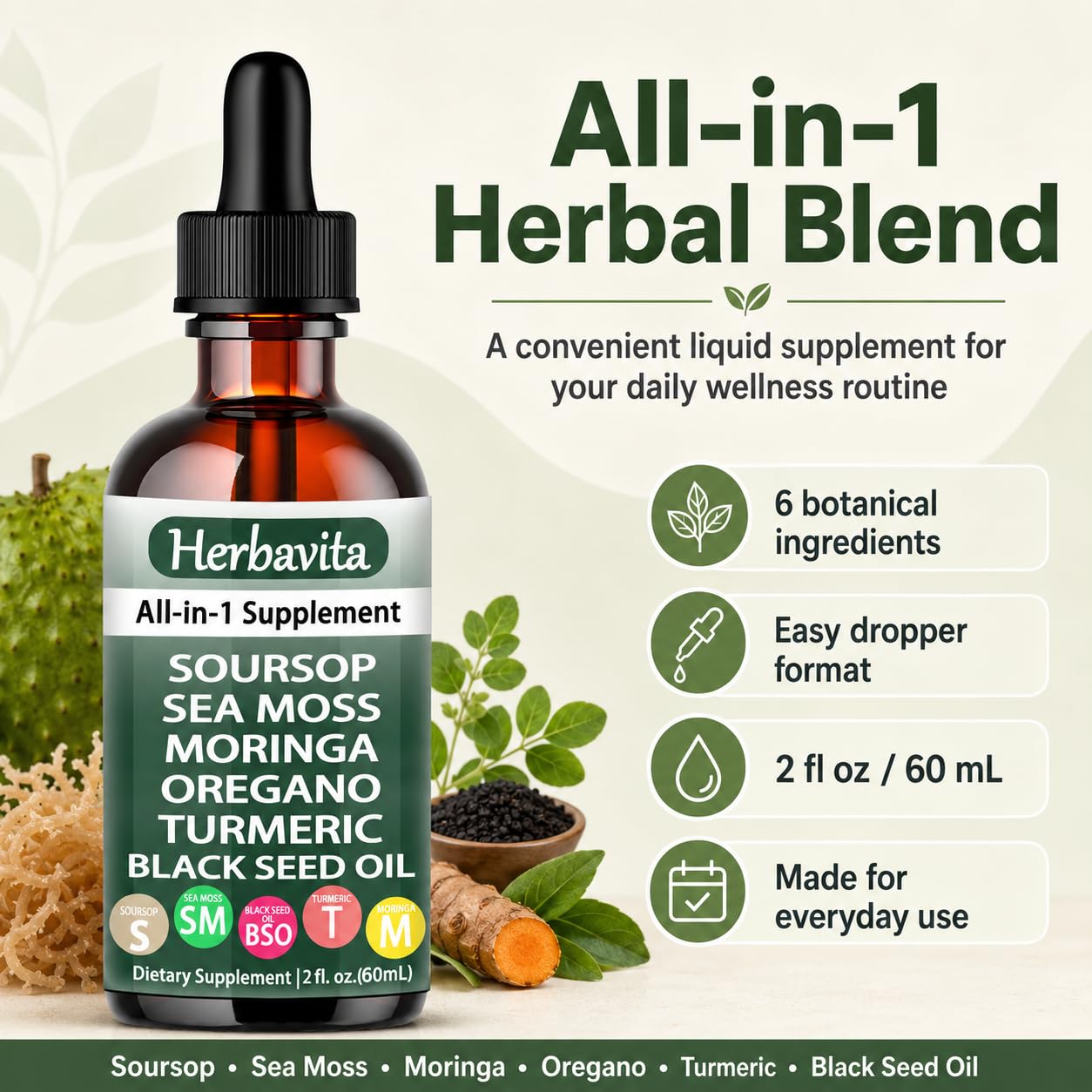 Herbavita etiqueta de producto legible con lista de ingredientes, beneficio transparencia