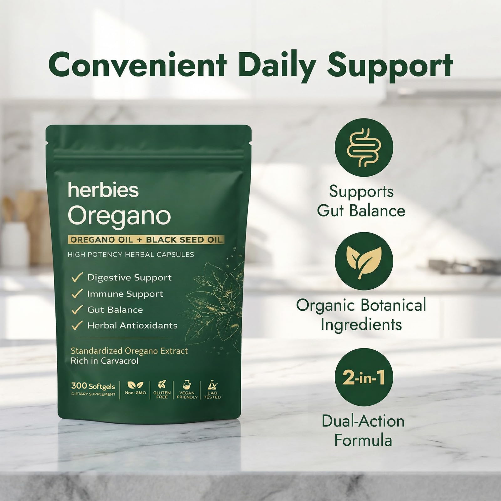 HERBIES OREGANO primer plano de softgel mostrando textura y pureza