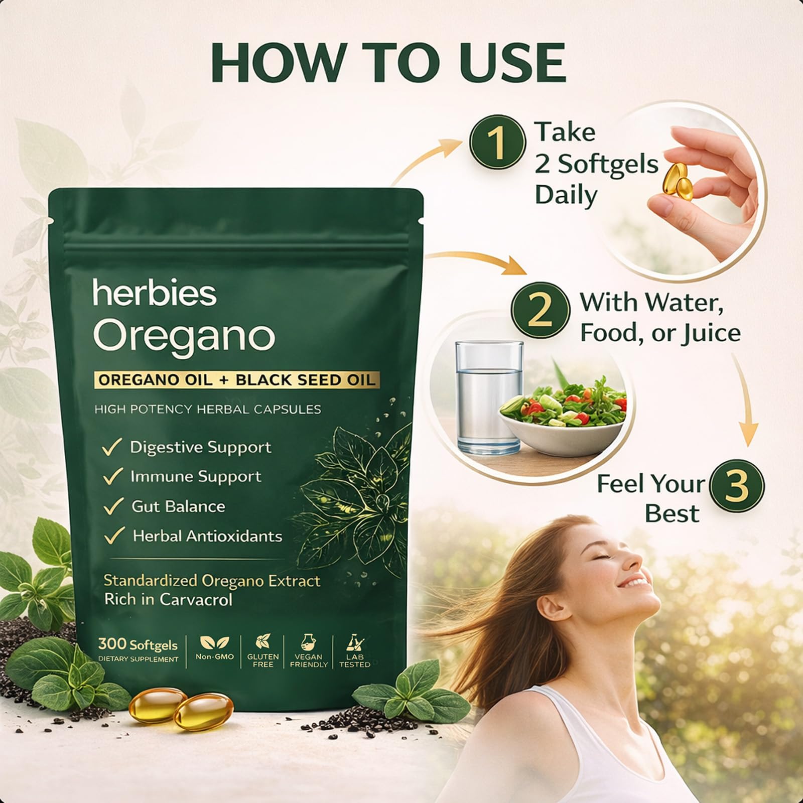 HERBIES OREGANO en escena de desayuno para ilustrar uso cotidiano y rutina