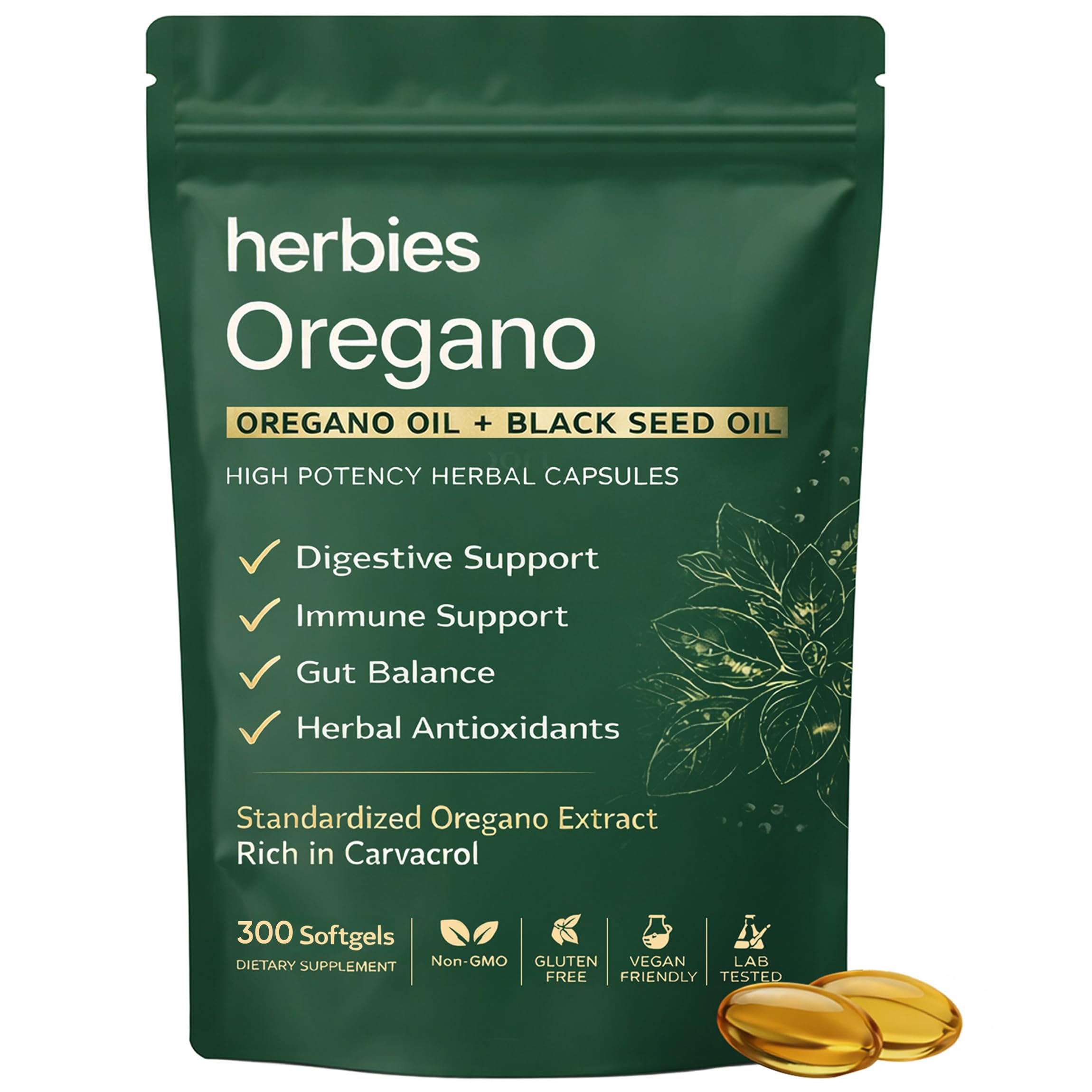 HERBIES OREGANO envase frontal mostrando 300 softgels y conveniencia