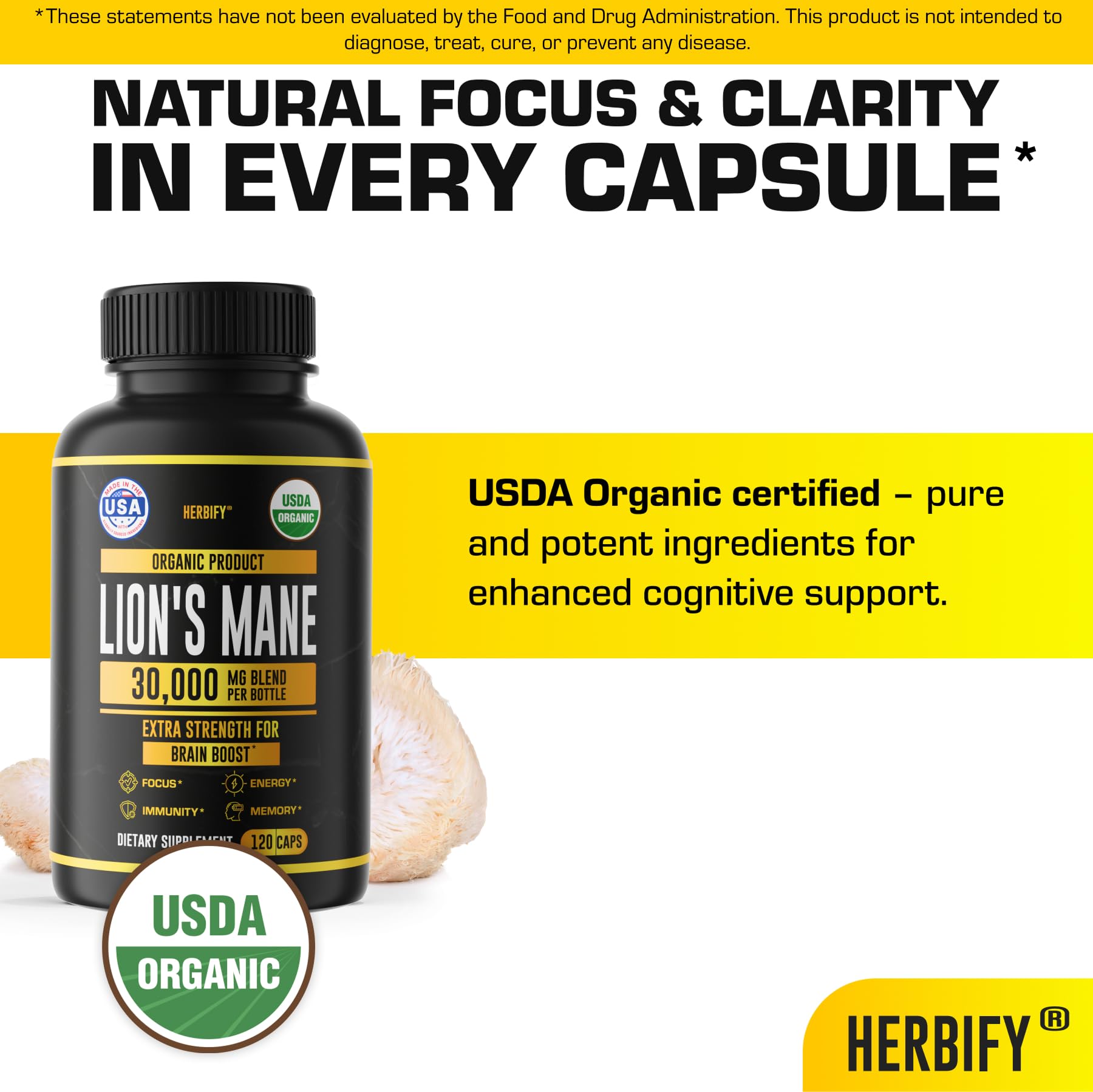 HERBIFY etiqueta con ingredientes y sello USDA Organic visible