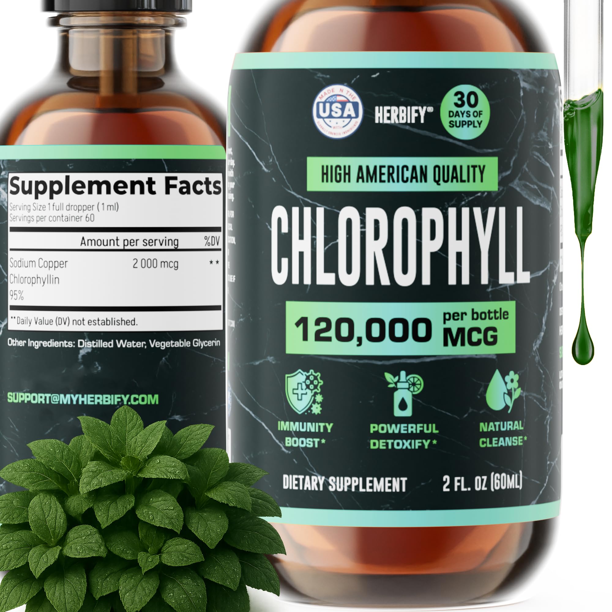 HERBIFY frasco frontal mostrando el diseño y dosis clara para uso diario