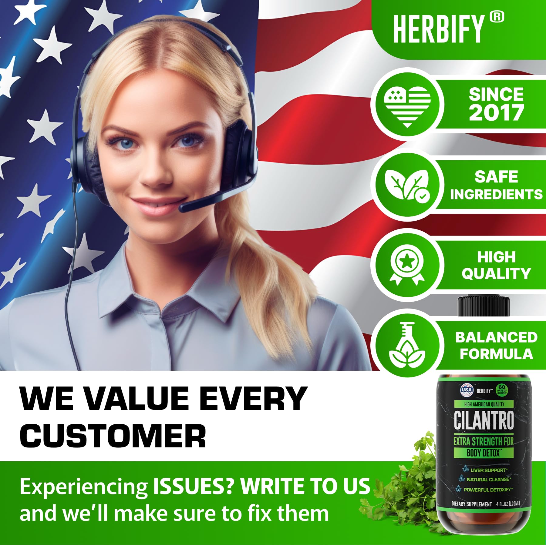 HERBIFY etiqueta en primer plano mostrando información de producto y fabricación en USA