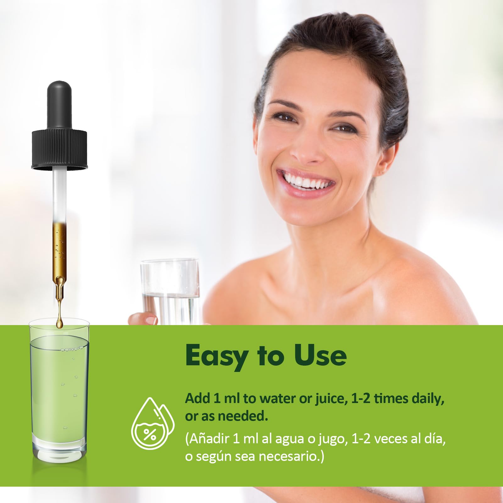 Herbmood adicionando 1 ml a un vaso de agua para toma diaria práctica
