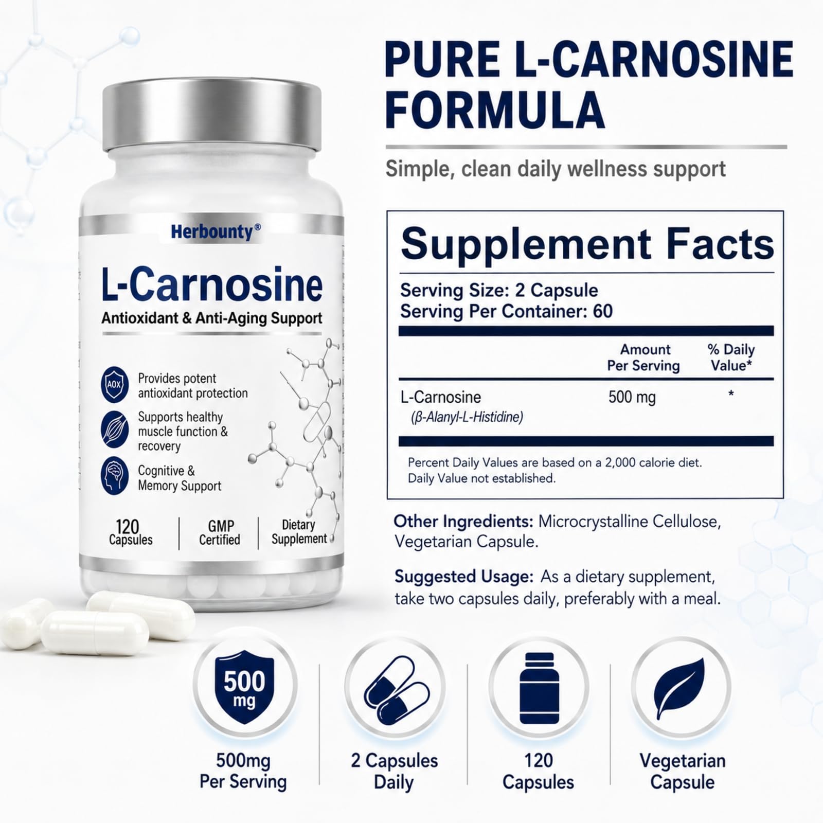 Herbounty etiqueta con información nutricional y certificación GMP visible