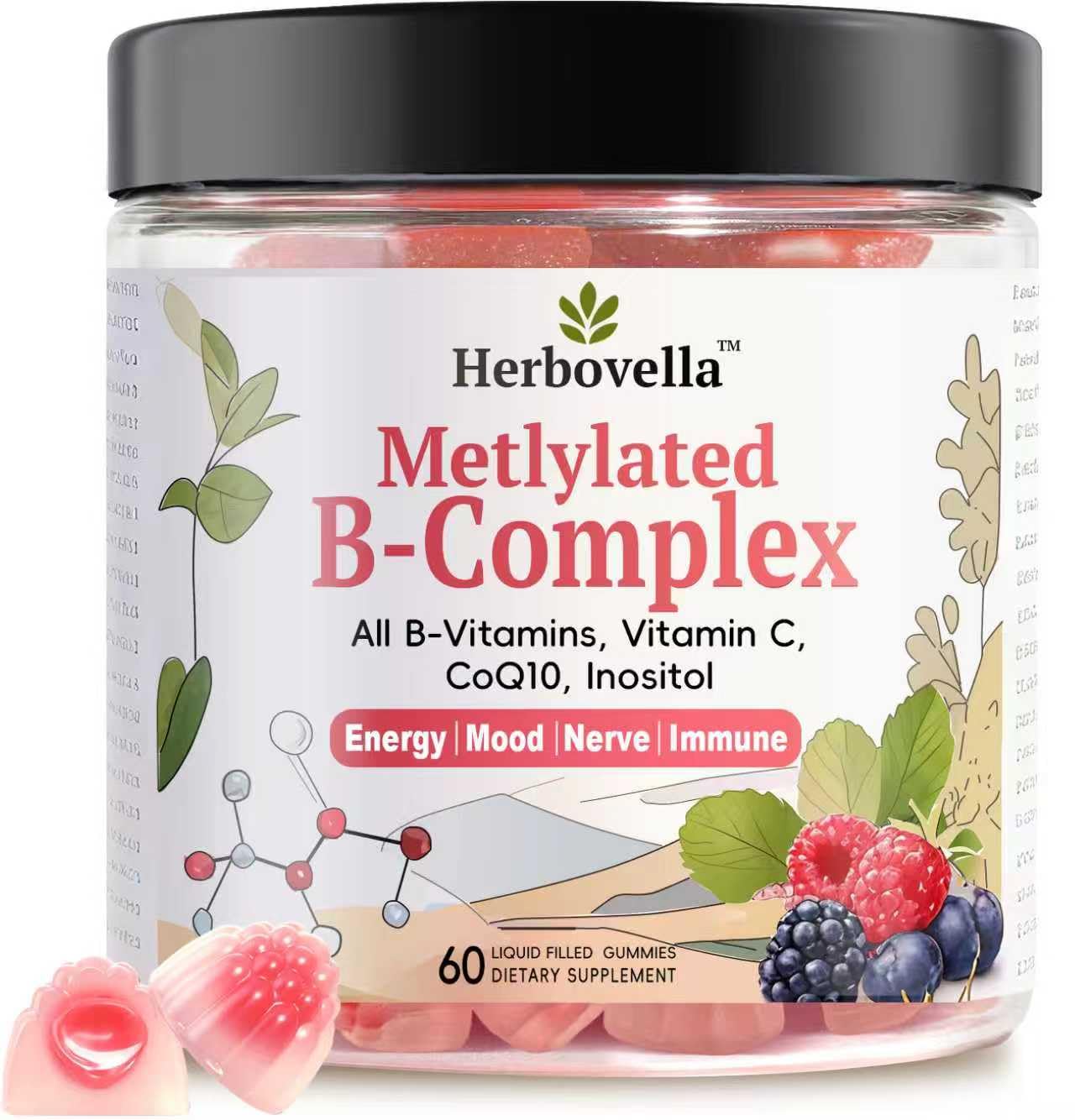 Herbovella frasco frontal mostrando etiqueta y 60 gomitas, práctico y claro