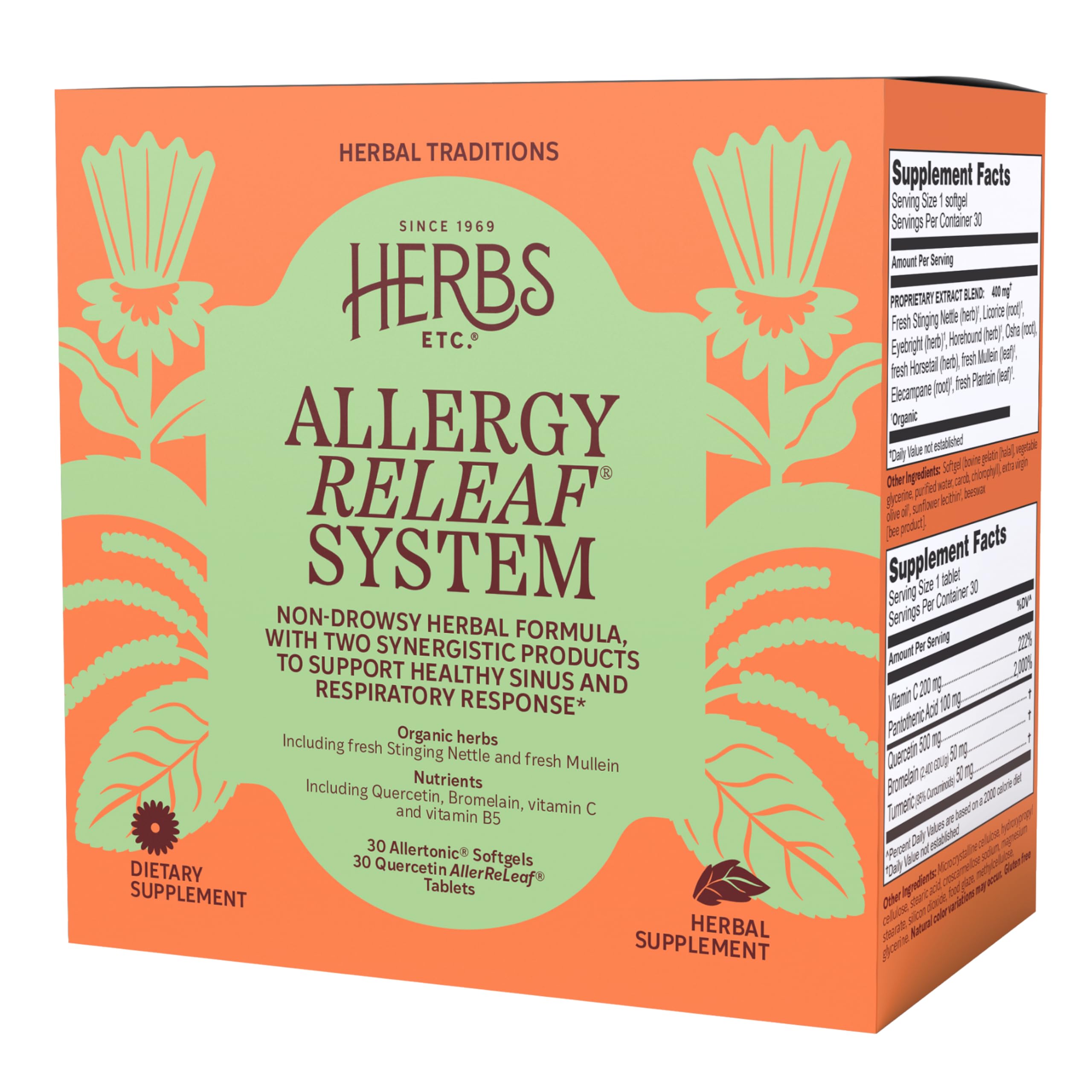 Herbs Etc. caja frontal del sistema Allergy ReLeaf mostrando envase claro