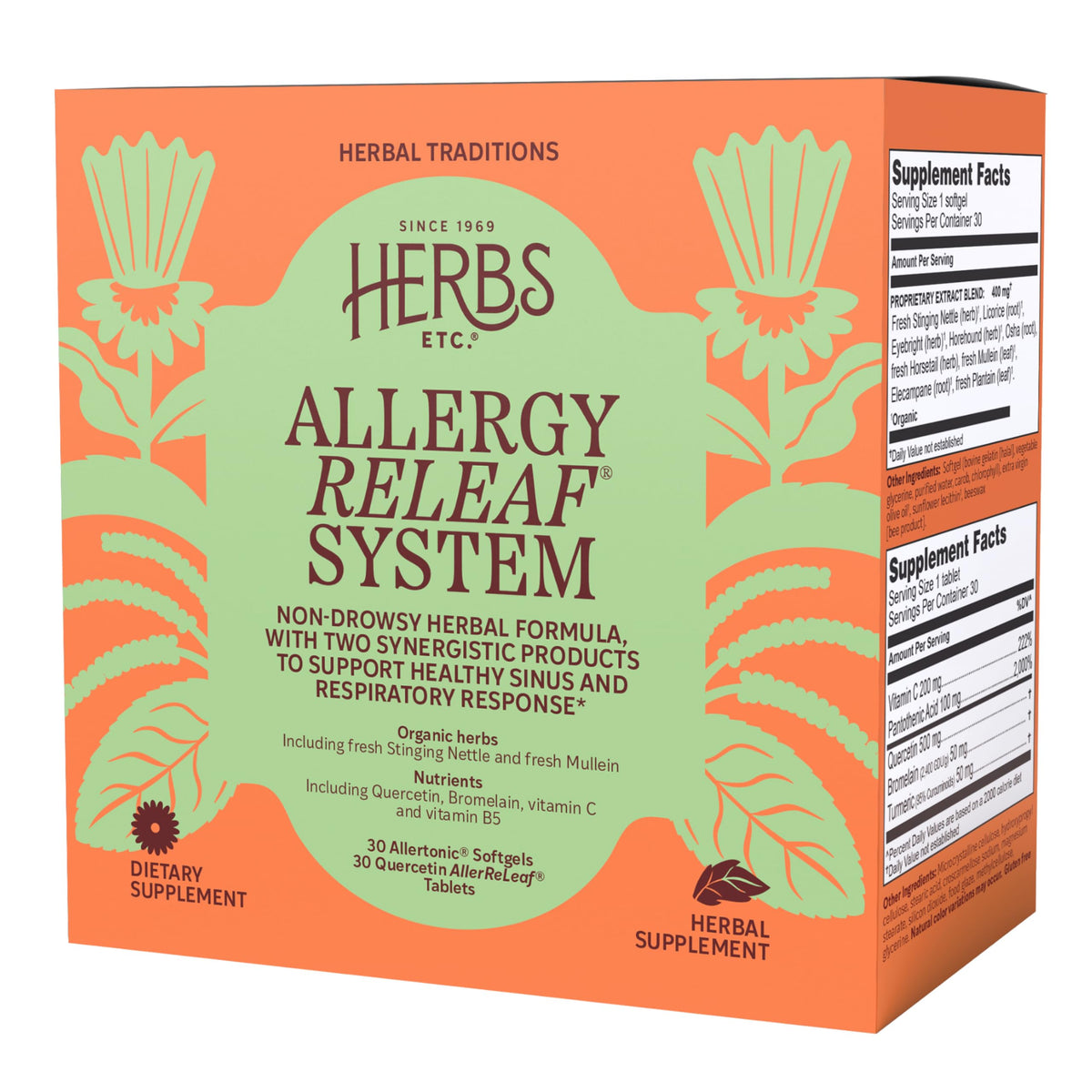 Herbs Etc. caja frontal del sistema Allergy ReLeaf mostrando envase claro