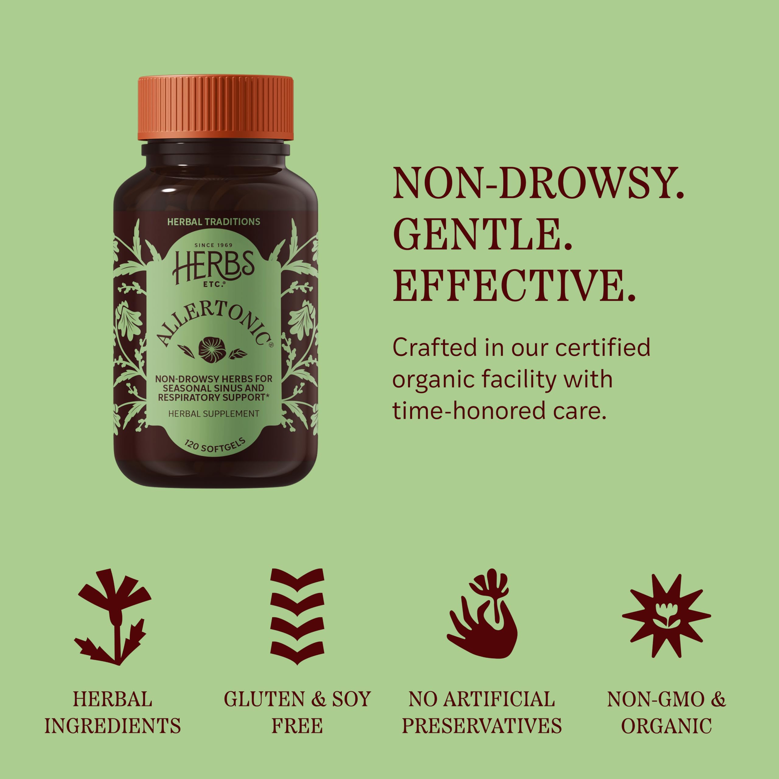 Herbs Etc. Allertonic comparación de tamaño con mano para referencia práctica