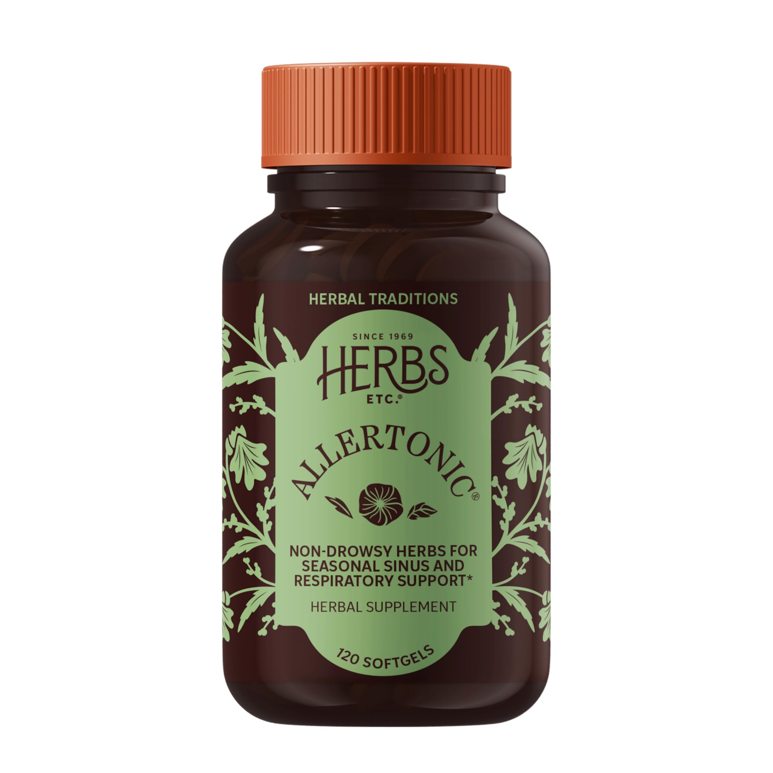 Herbs Etc. Allertonic frontal del envase mostrando 120 cápsulas y beneficios