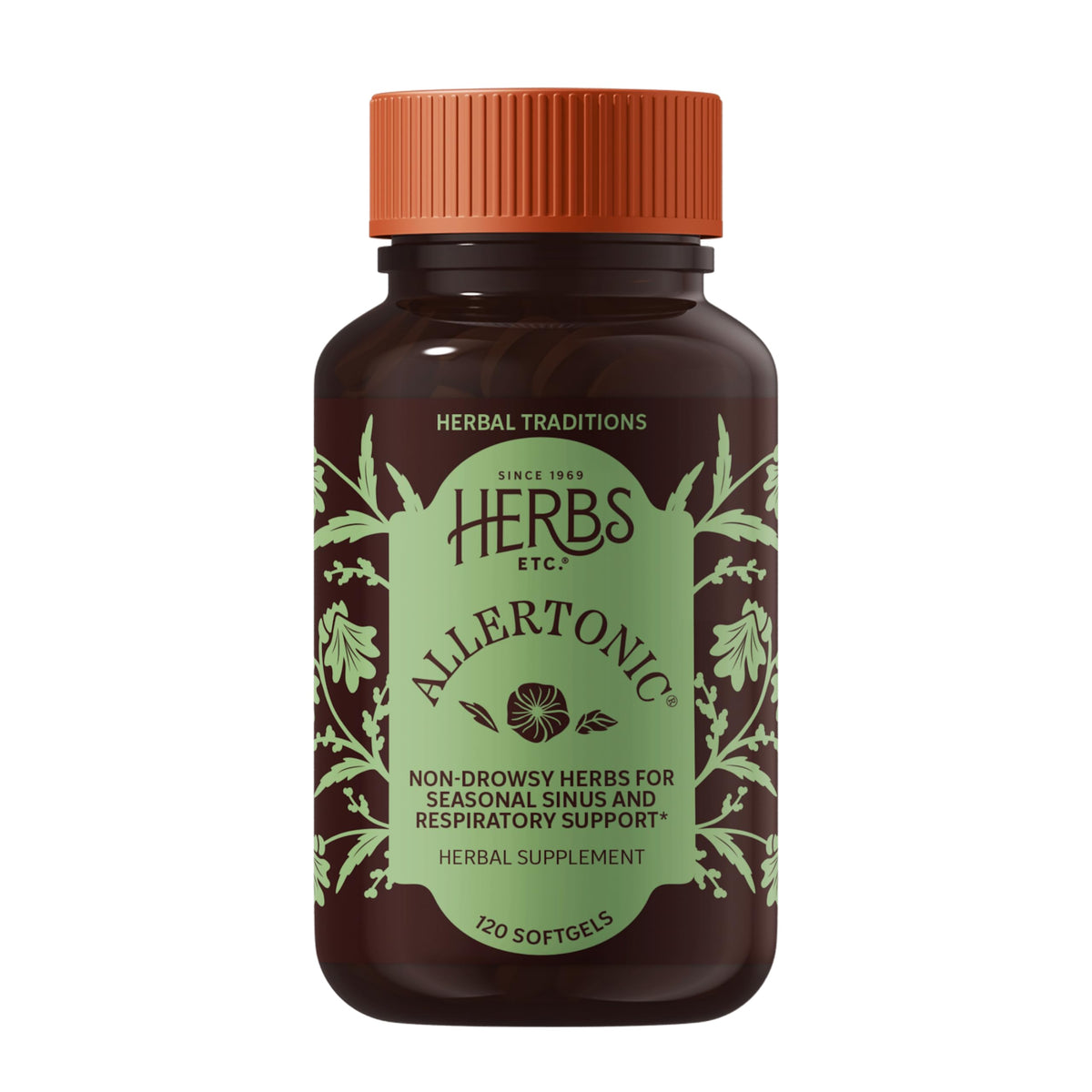 Herbs Etc. Allertonic frontal del envase mostrando 120 cápsulas y beneficios