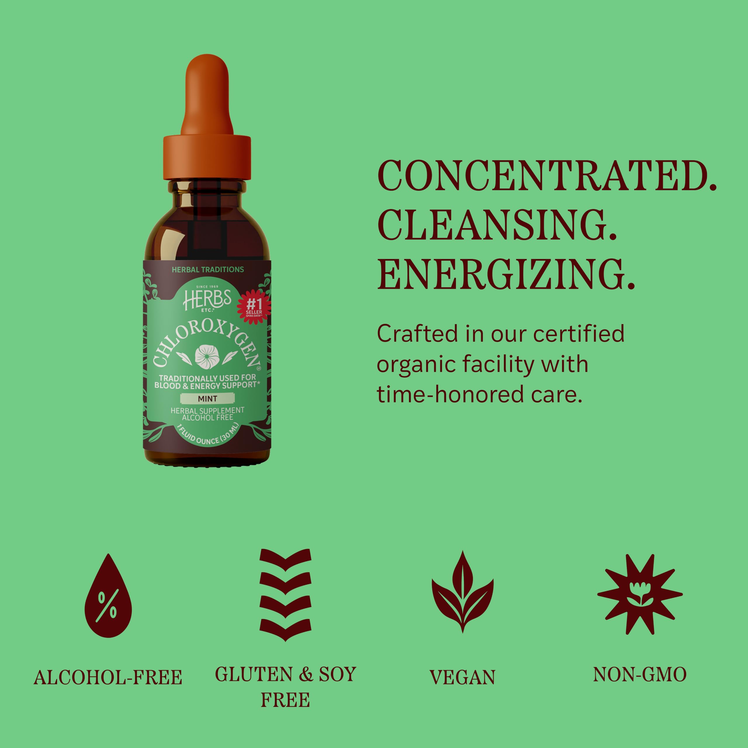 Herbs Etc. etiqueta con ingredientes destacando origen vegetal y sin alcohol