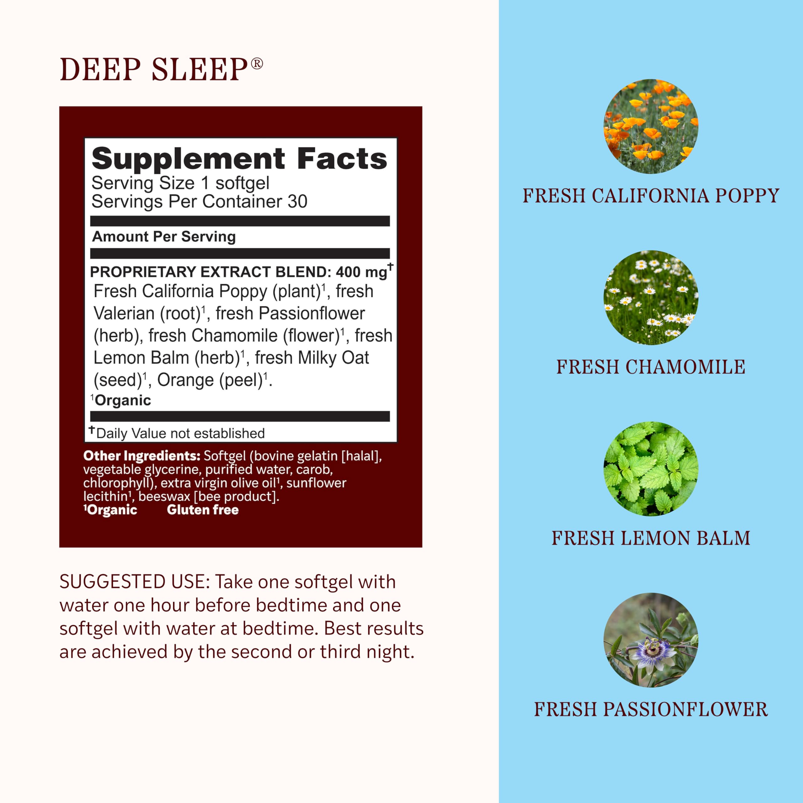 Herbs Etc. frasco abierto con softgels listo para la rutina nocturna