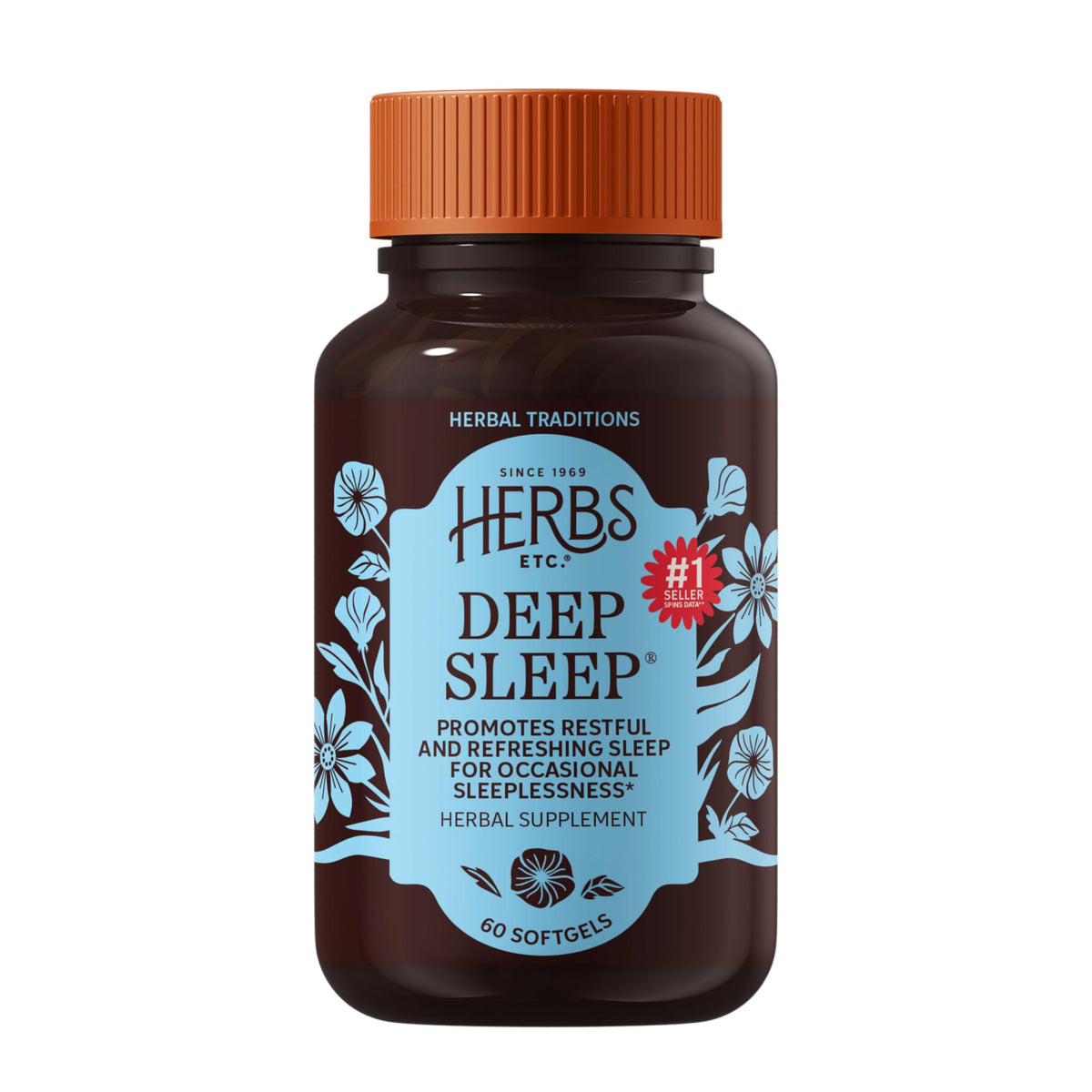 Herbs Etc. frasco Deep Sleep Softgels mostrando el frente y beneficios naturales
