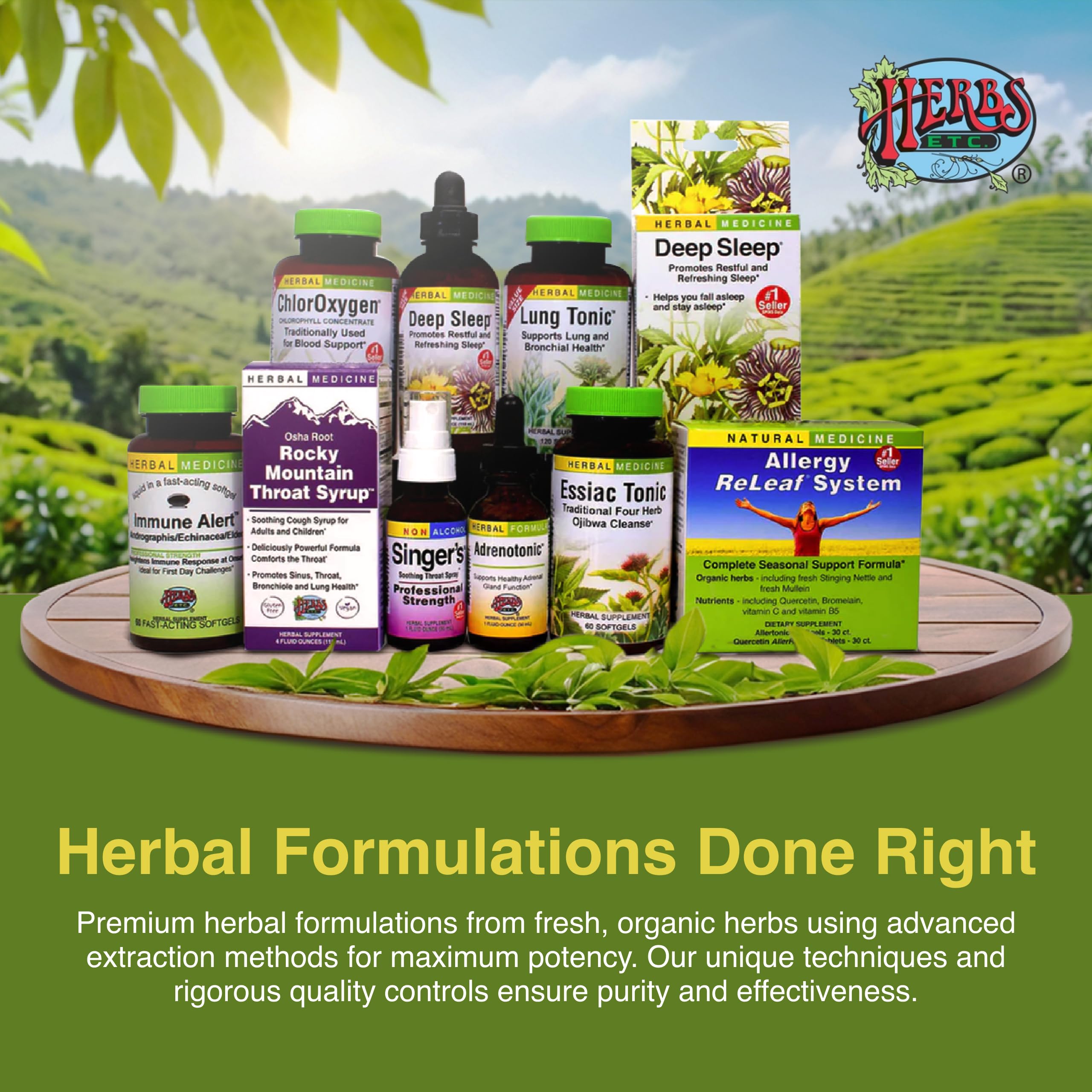 Herbs Etc. frasco de Essiac Tonic Classic sobre fondo natural, sensación de herbolario