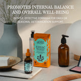 Herbs Etc. textura del extracto Essiac Tonic Classic en primer plano, concentrado vegetal