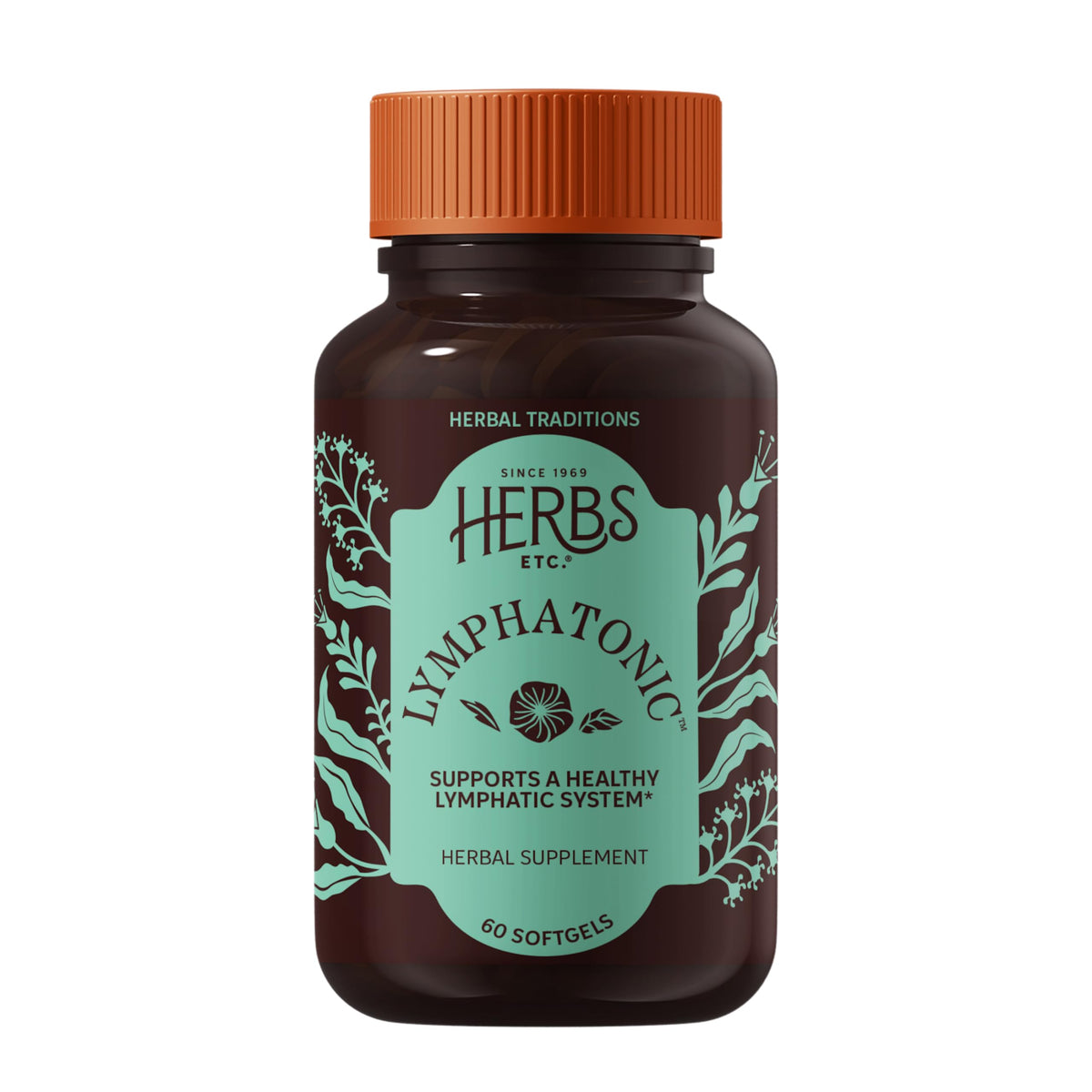 Herbs Etc. frasco frontal mostrando la etiqueta y beneficios