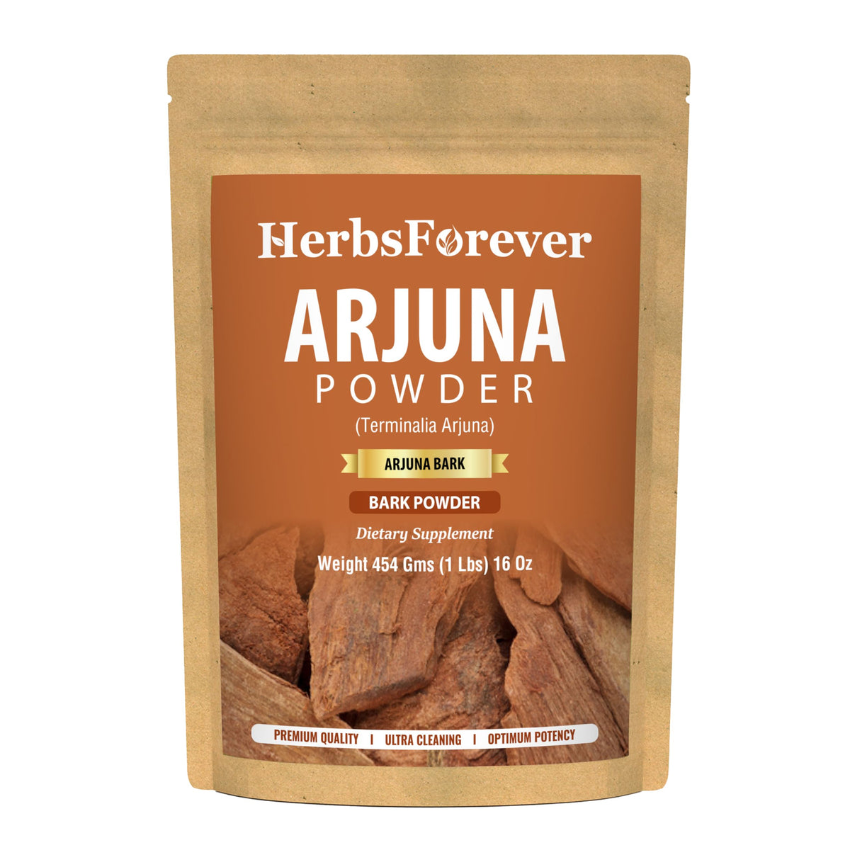 Herbsforever paquete frontal mostrando polvo de Arjuna y claridad de marca