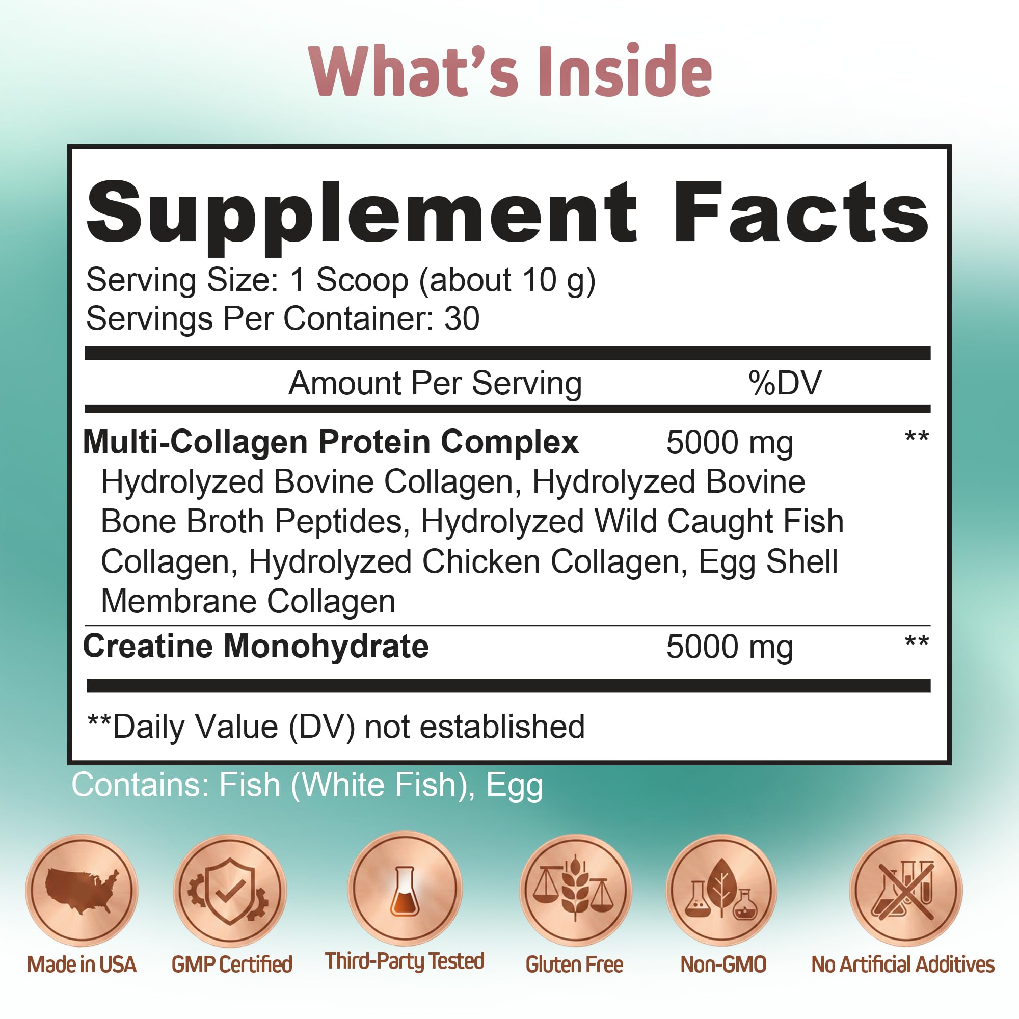 Herbtonics etiqueta nutricional enfocada en creatina 5000mg y colágeno multi tipo