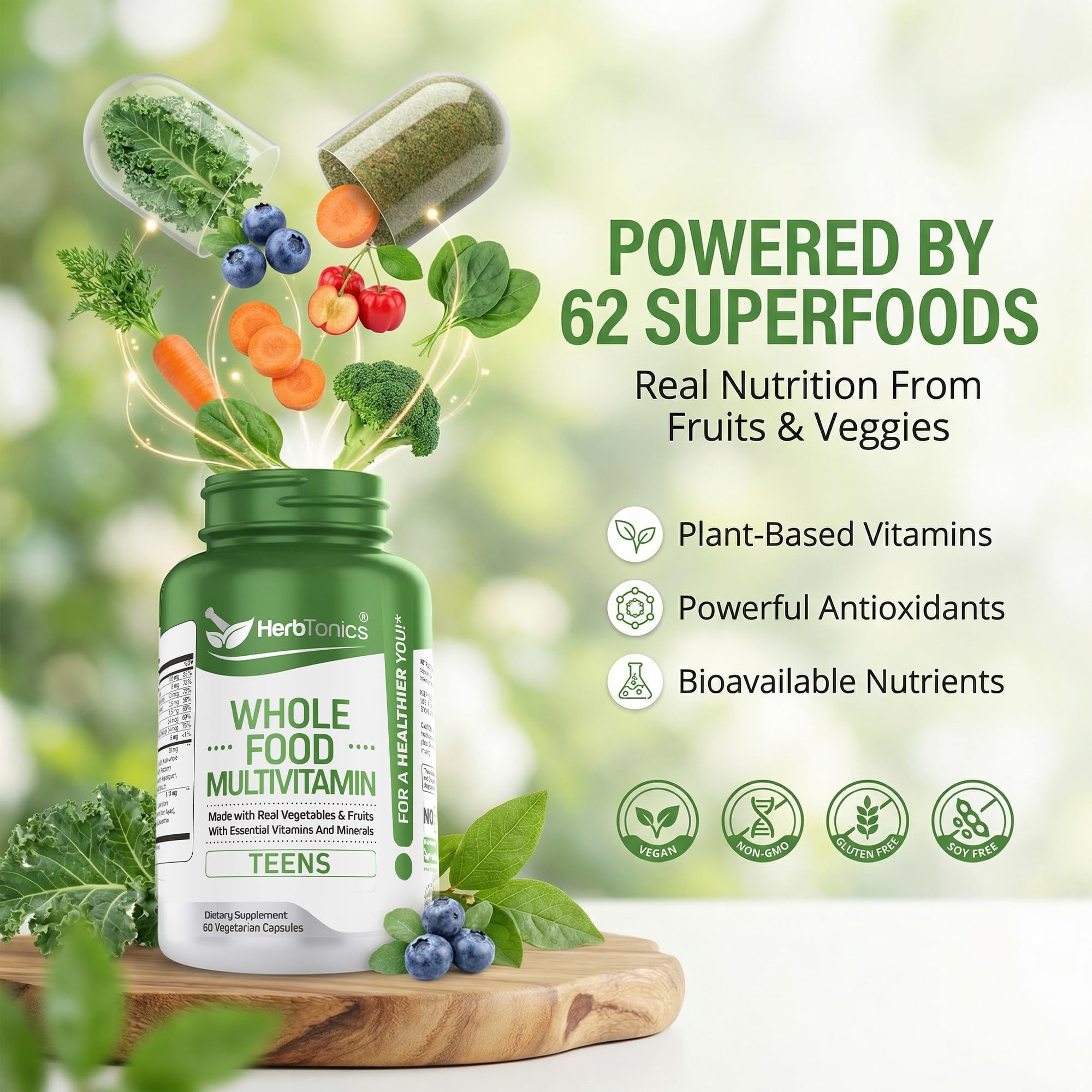 Herbtonics mezcla de superfoods que muestra origen natural de nutrientes