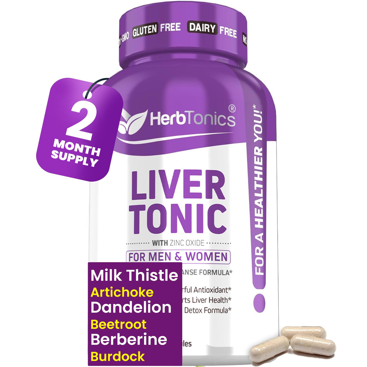 Herbtonics frasco frontal mostrando etiqueta clara y beneficios principales