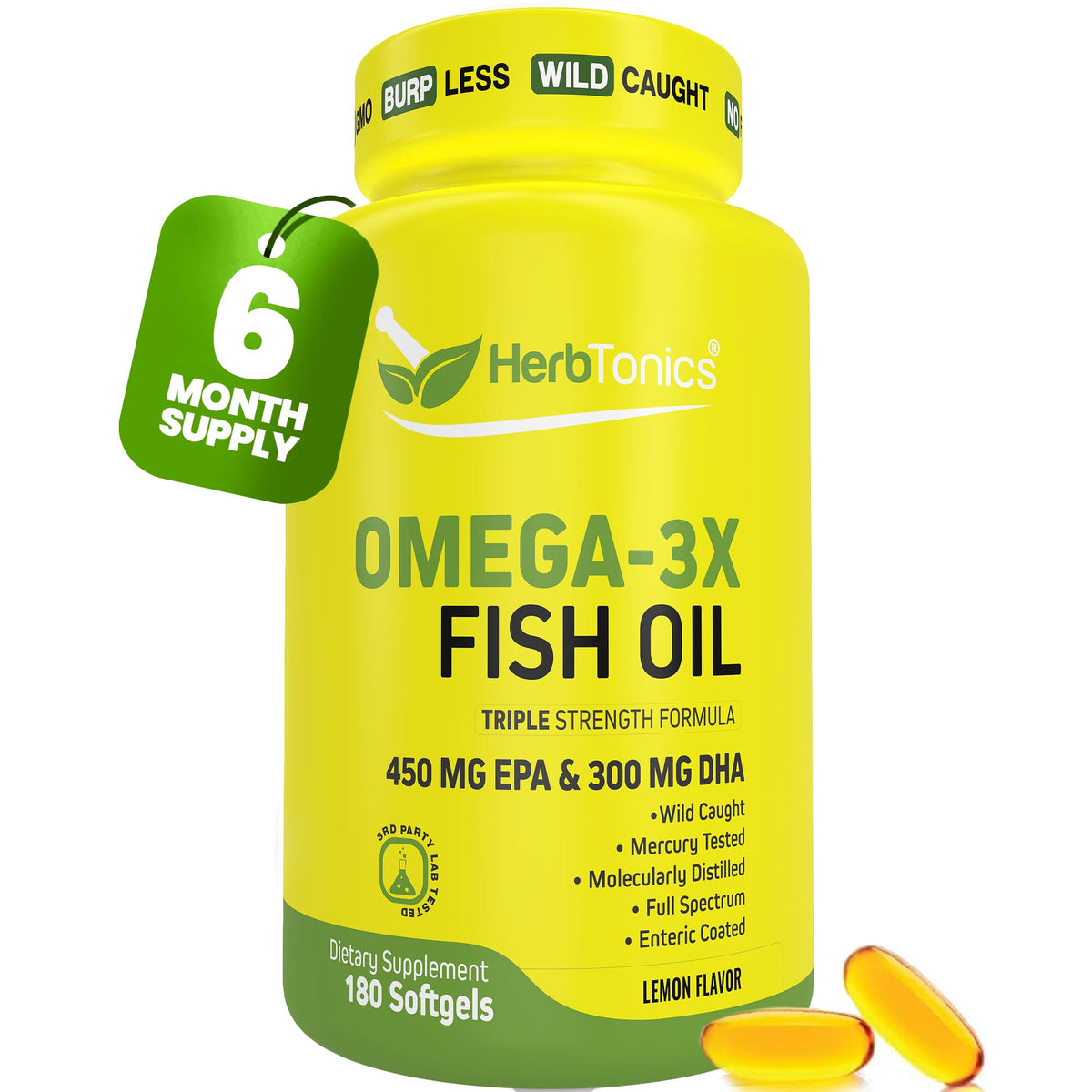 Herbtonics frasco principal Omega‑3, presentación de 180 cápsulas para ahorro