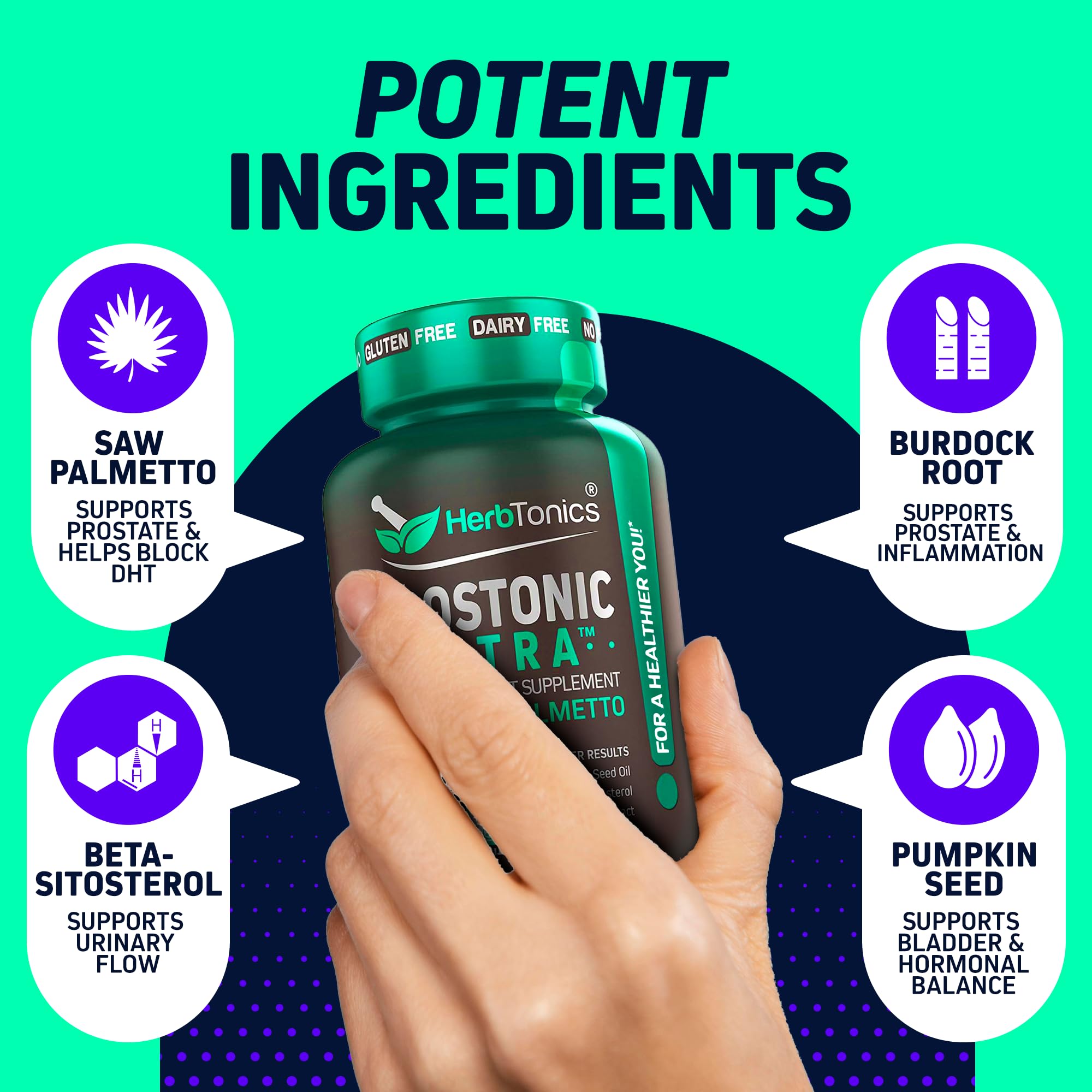 Herbtonics Prostonic Ultra cápsulas en mano para ver tamaño y facilidad de uso