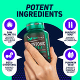 Herbtonics Prostonic Ultra cápsulas en mano para ver tamaño y facilidad de uso