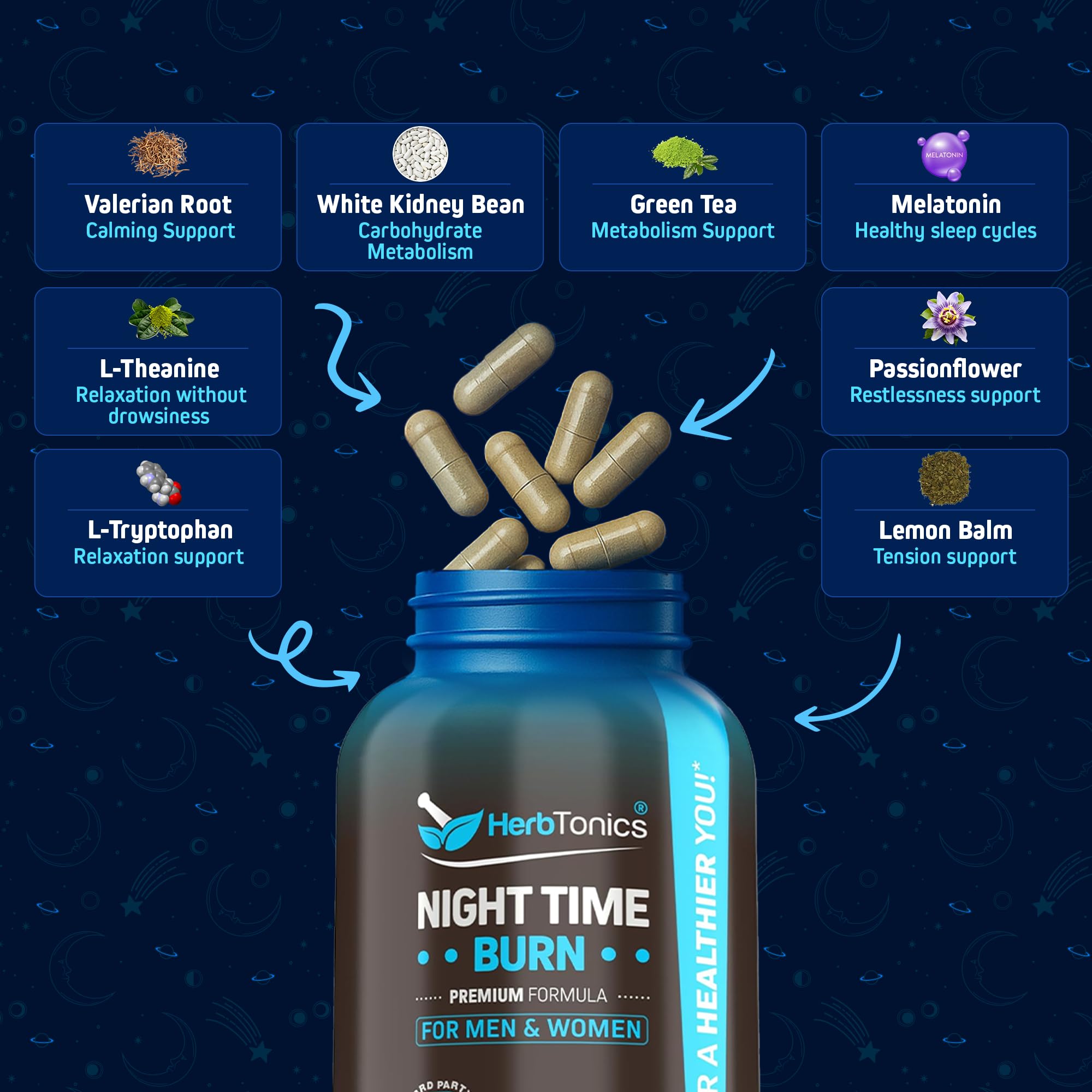 Herbtonics primer plano de la textura de la cápsula, confianza en calidad