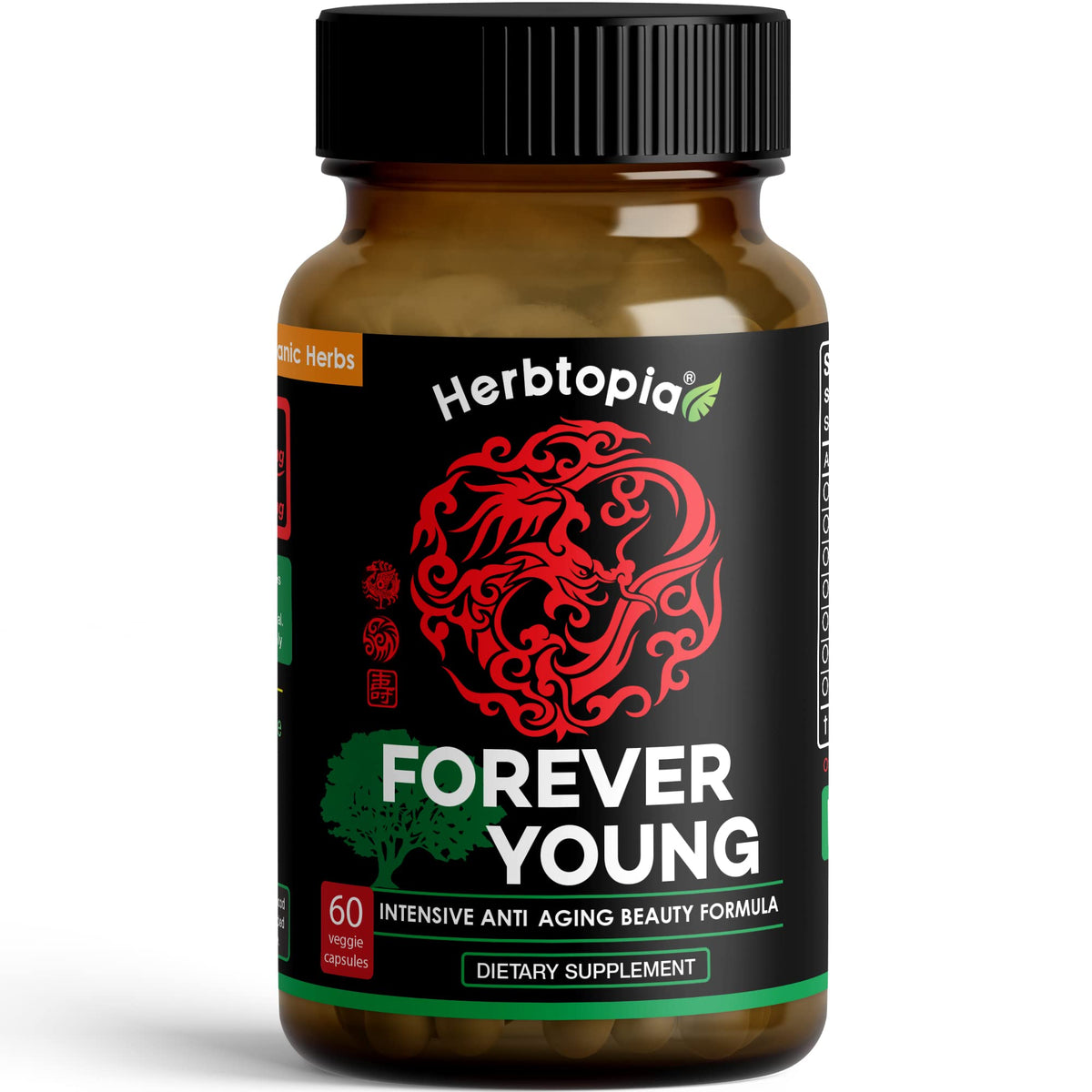Herbtopia frasco frontal con etiqueta clara, transmite confianza y pureza