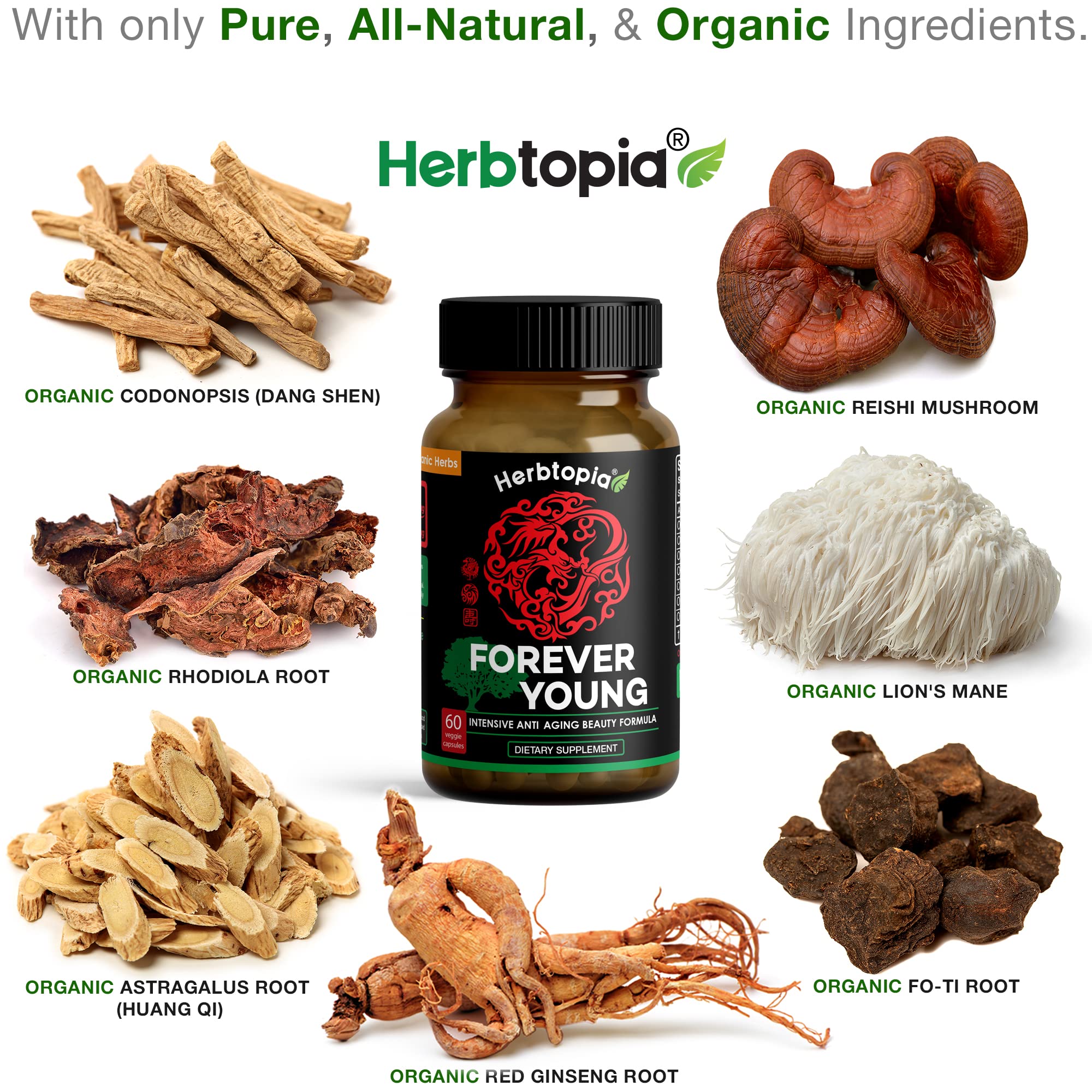 Herbtopia etiqueta con listado de ingredientes orgánicos visibles y legibles