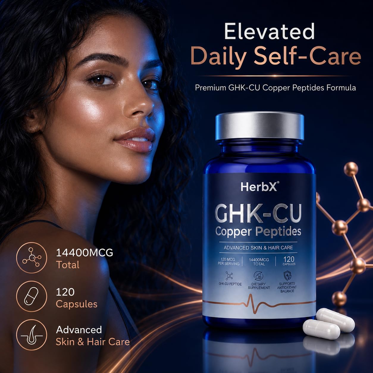 HerbX cápsulas de GHK-Cu primer plano que destaca textura y pureza