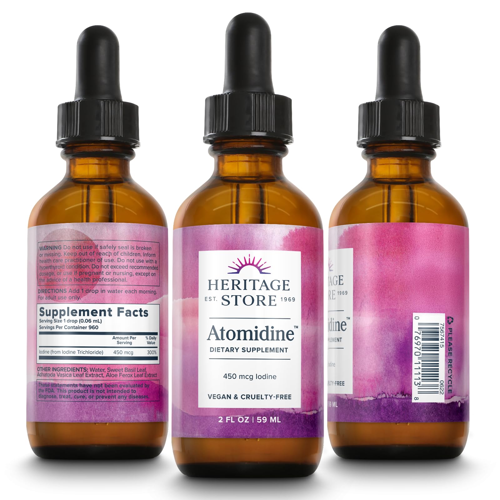HERITAGE STORE botella de vidrio oscuro Atomidine para conservar potencia y frescura