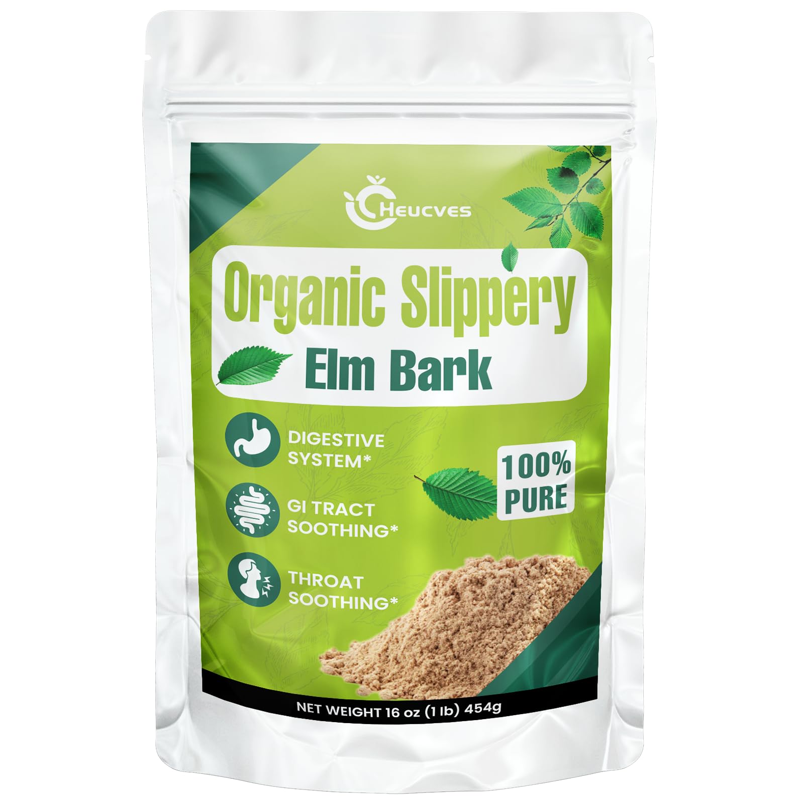 Heucves envase frontal del polvo de Slippery Elm mostrando peso y pureza