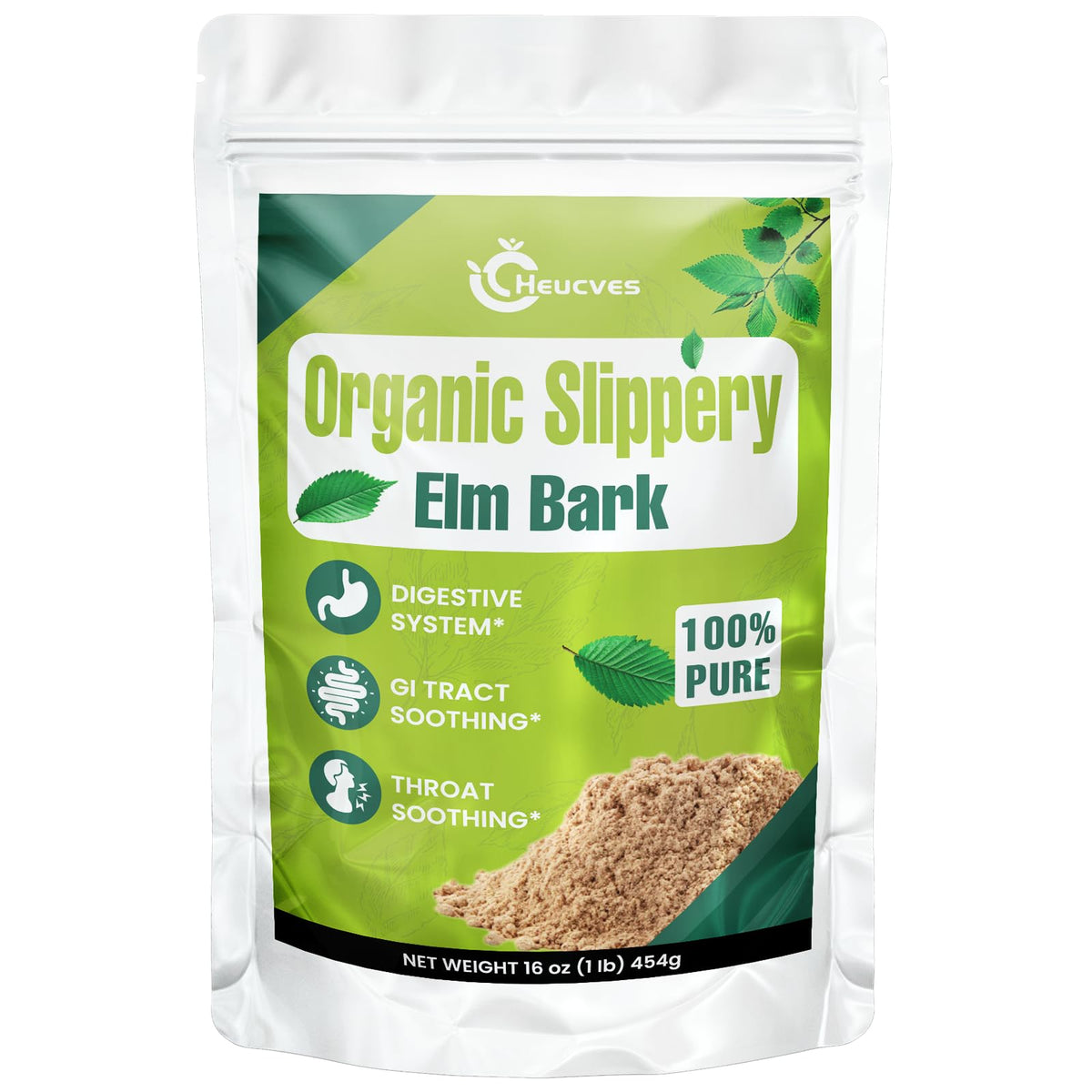 Heucves envase frontal del polvo de Slippery Elm mostrando peso y pureza