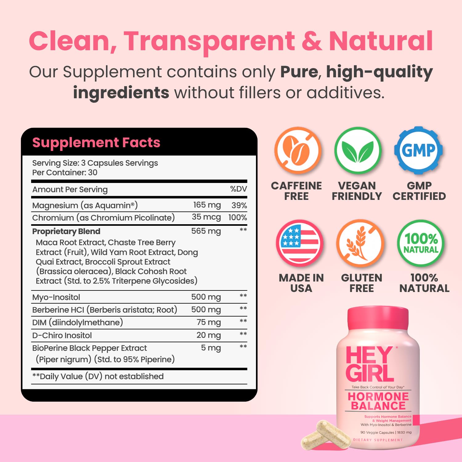 Hey Girl cápsulas junto a botánicos para ilustrar ingredientes naturales