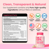 Hey Girl cápsulas junto a botánicos para ilustrar ingredientes naturales