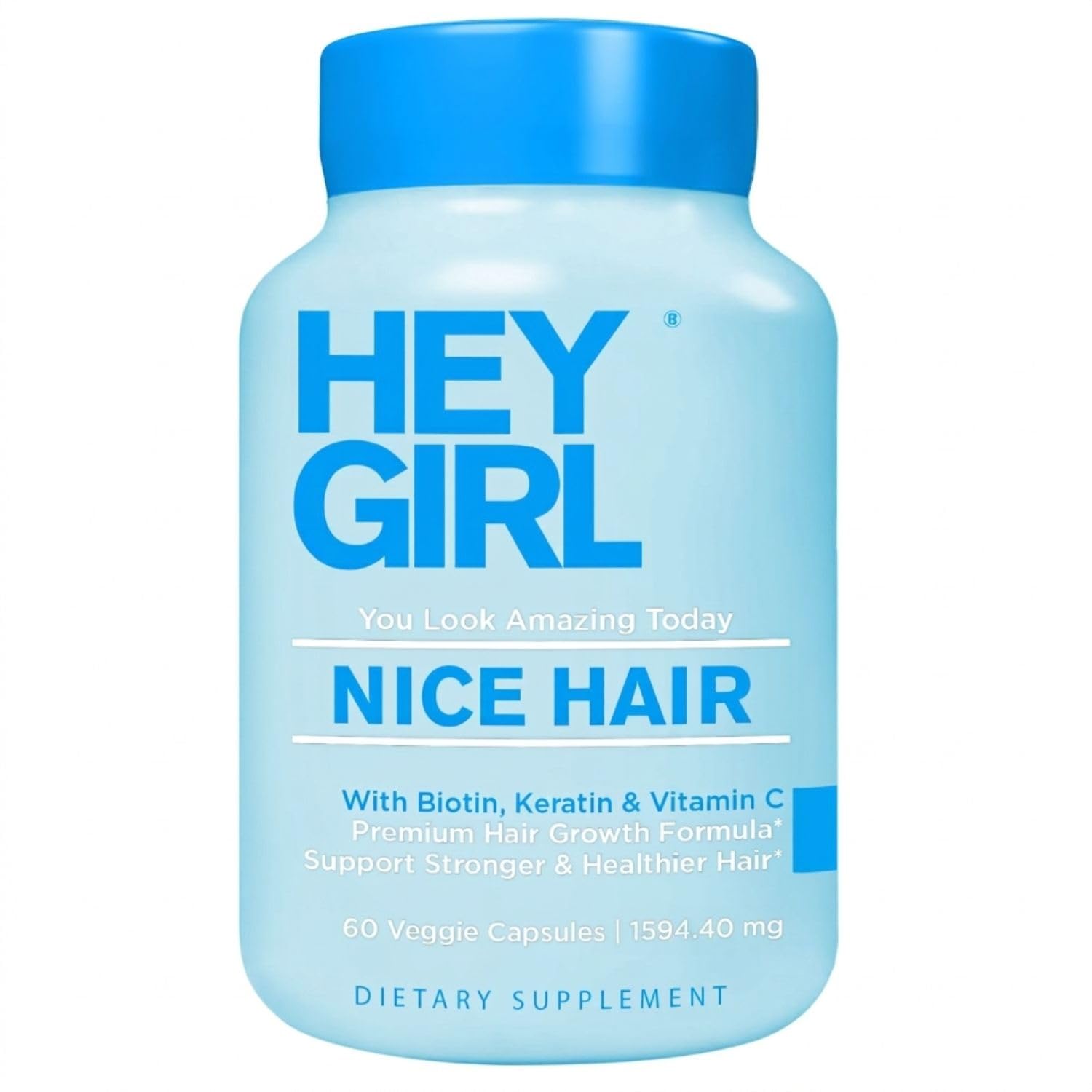 HEY GIRL NUTRITION frasco frontal mostrando etiqueta y beneficio para cabello