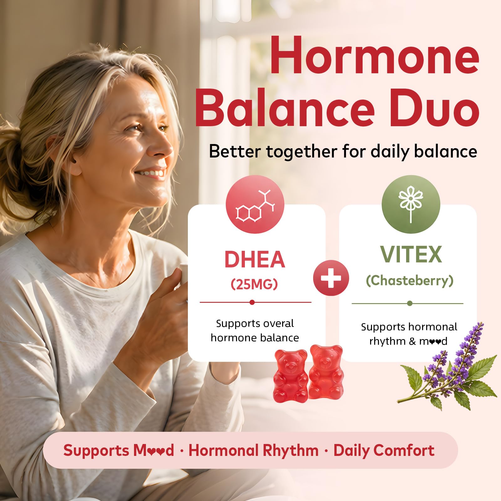 HFELIZ ingredientes activos DHEA, Vitex y vitaminas B en composición visual