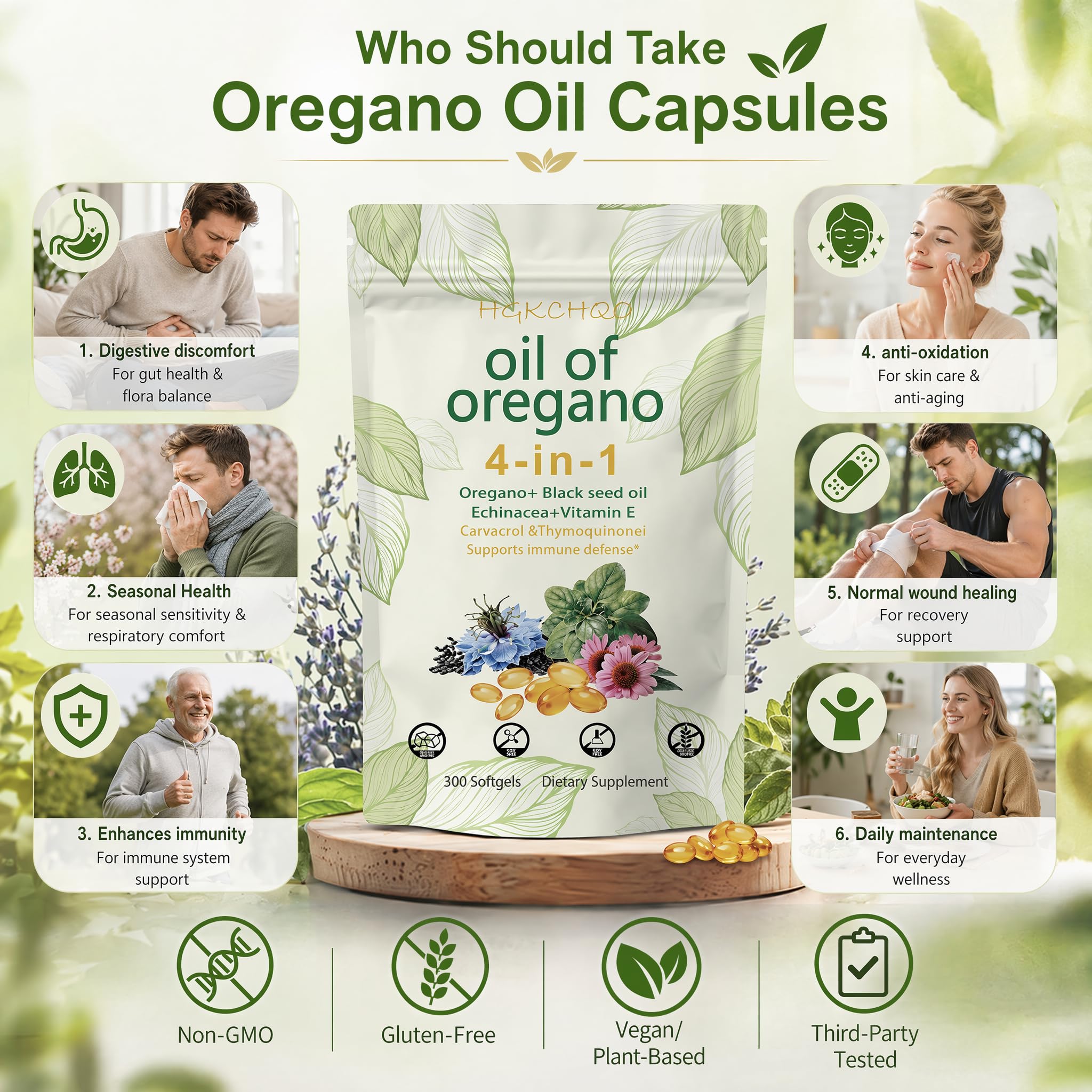 HGKCHQO gota de aceite de orégano, resaltando concentración de carvacrol