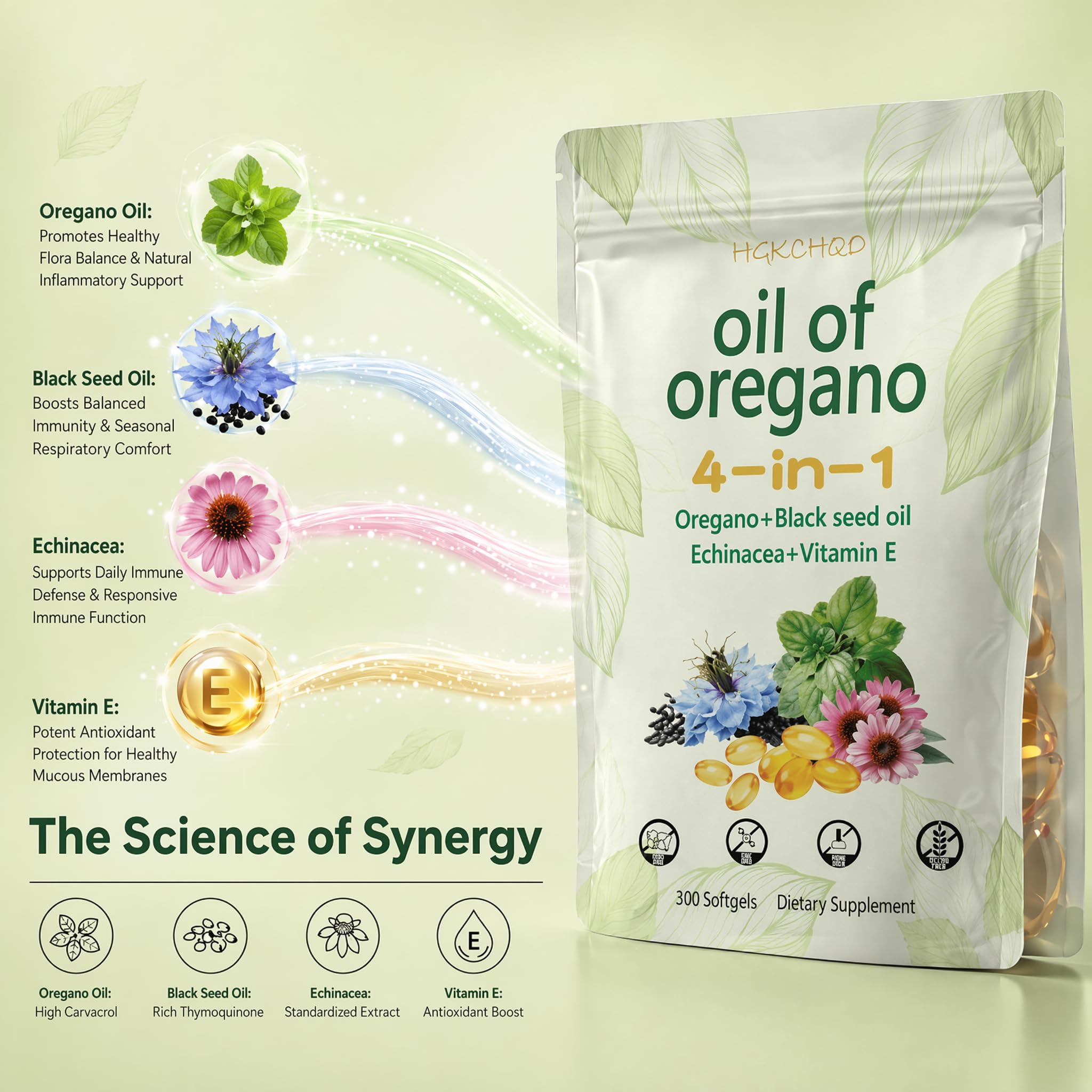 HGKCHQO etiqueta con ingredientes clave, garantía de calidad y concentración