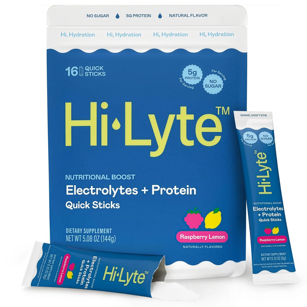 Hi-Lyte empaque frontal mostrando sabor frambuesa-limón y conveniencia