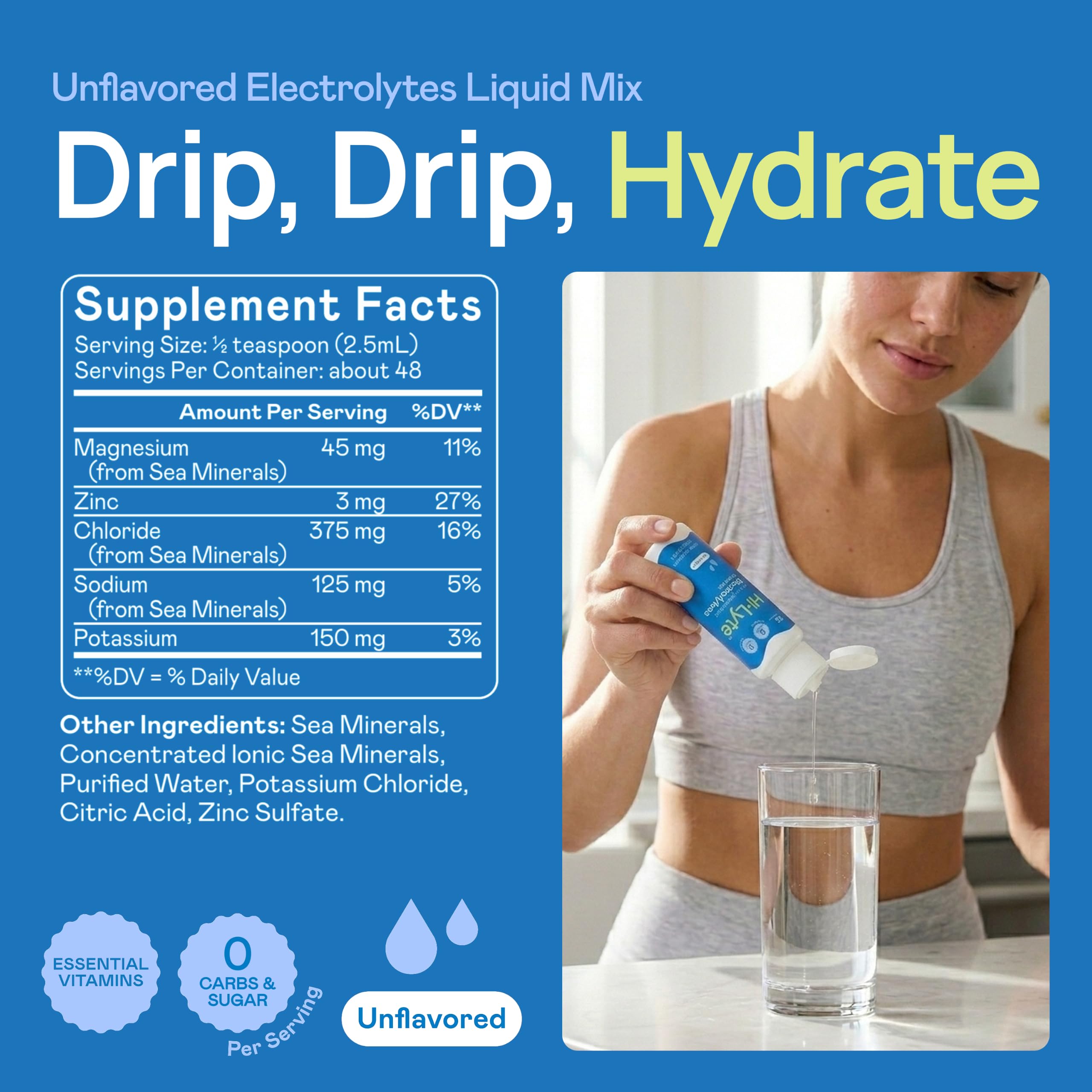 Hi-Lyte gotas en vaso de agua demostrando hidratación rápida y práctica