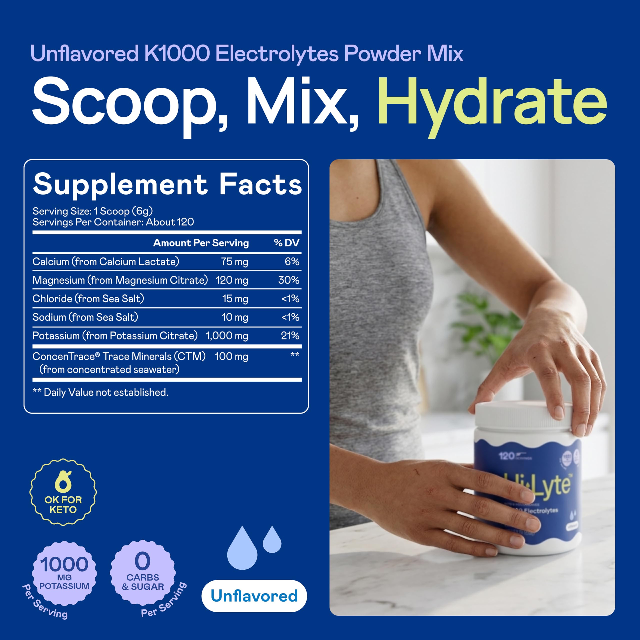 Hi-Lyte K1000 disolviéndose en agua clara, hidratación sin sabor instantánea
