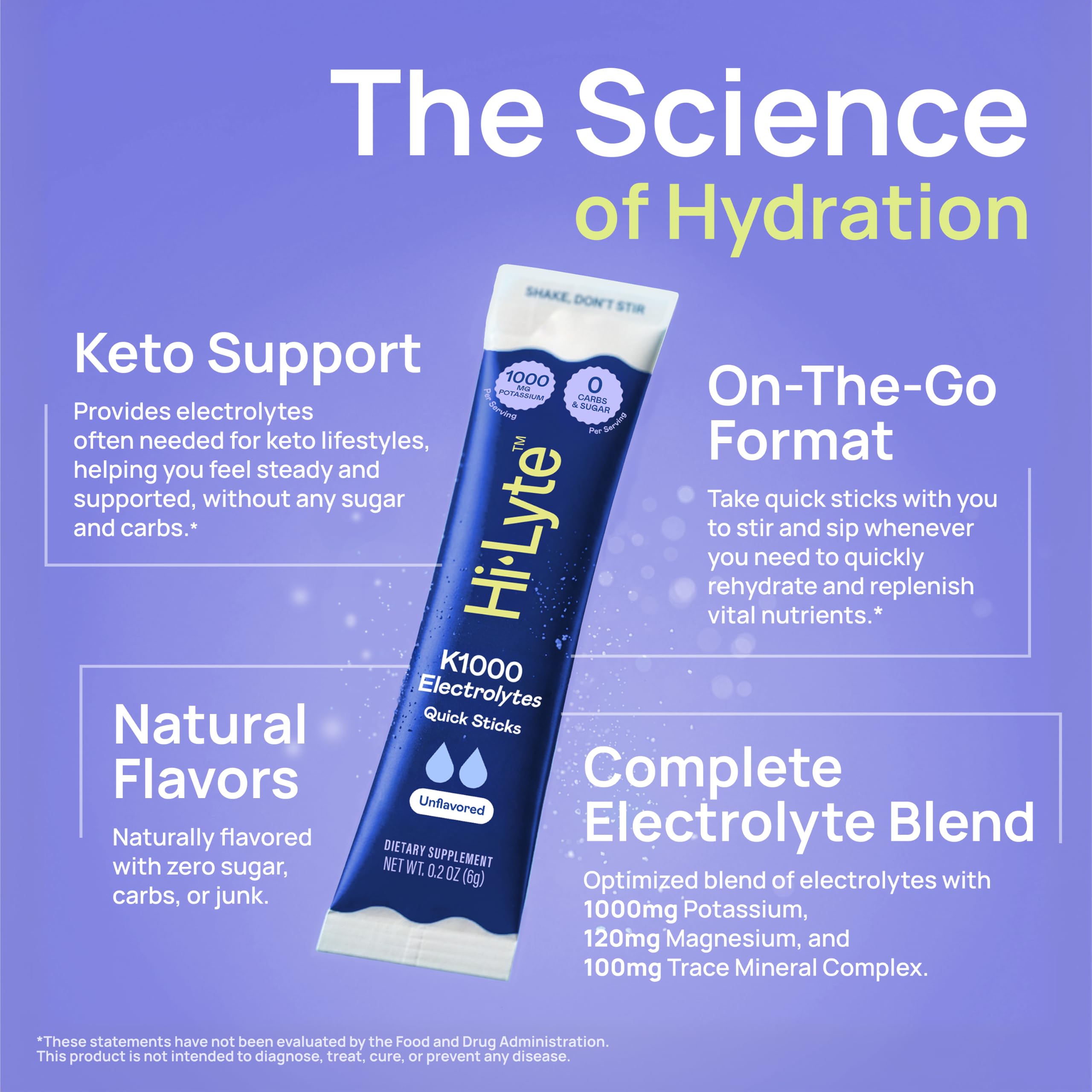 Hi-Lyte contenido disuelto en vaso transparente, beneficio: sin sabor aparente