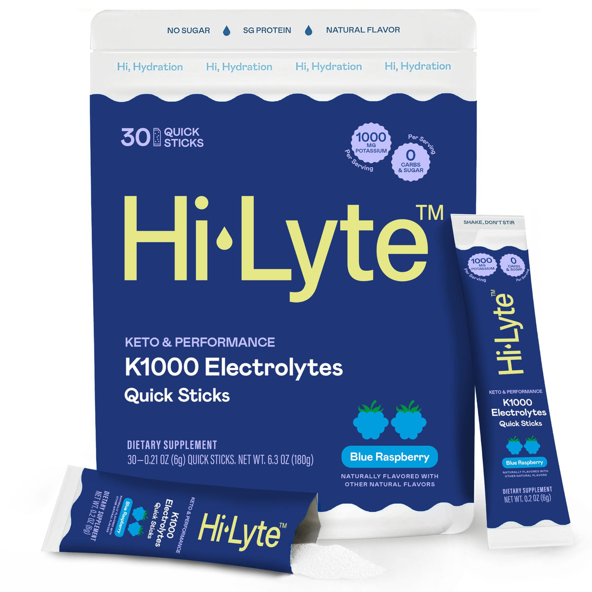 Hi-Lyte frente del empaque mostrando 30 sobres y beneficio de portabilidad