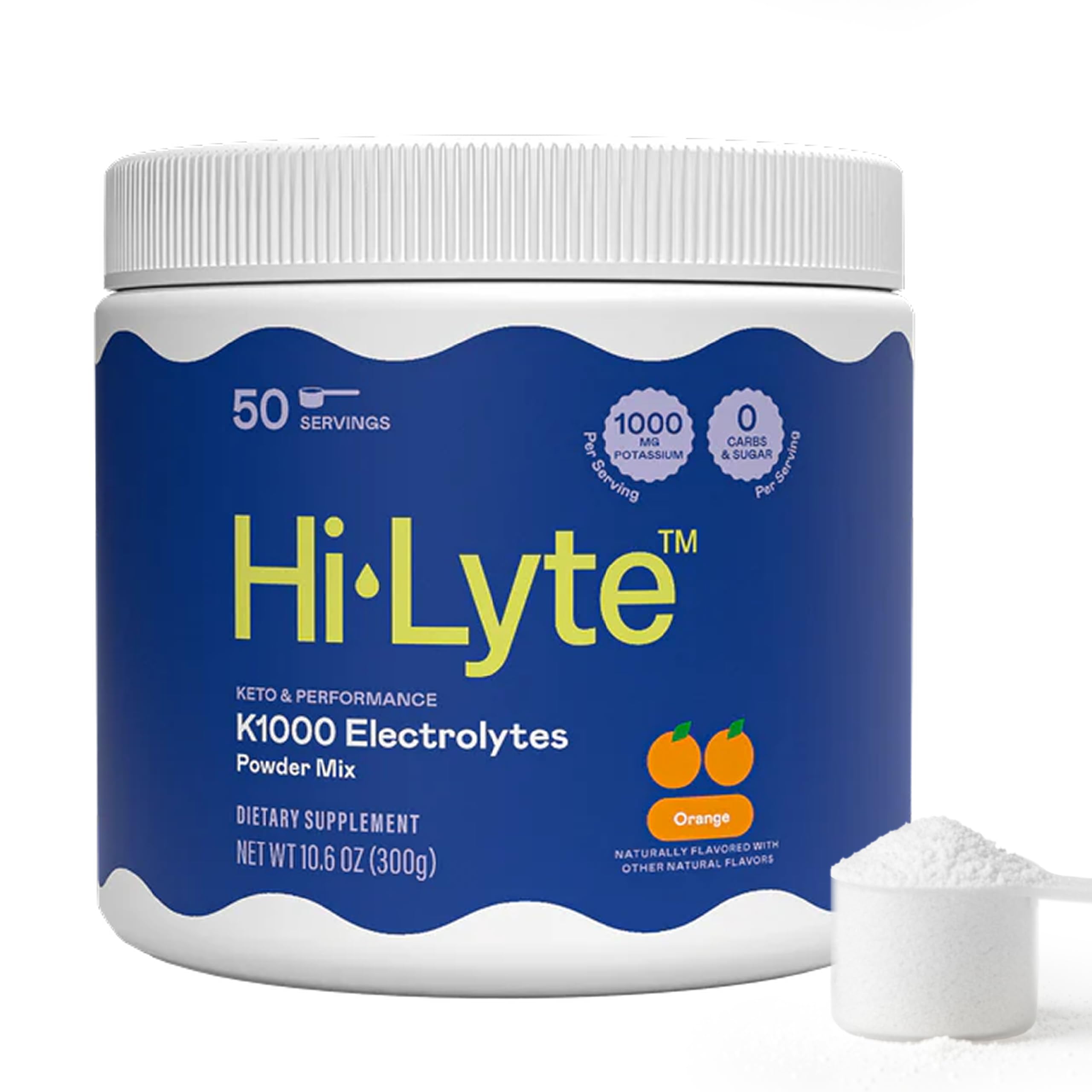 Hi-Lyte envase K1000 frontal mostrando 50 servicios y beneficio de alto potasio